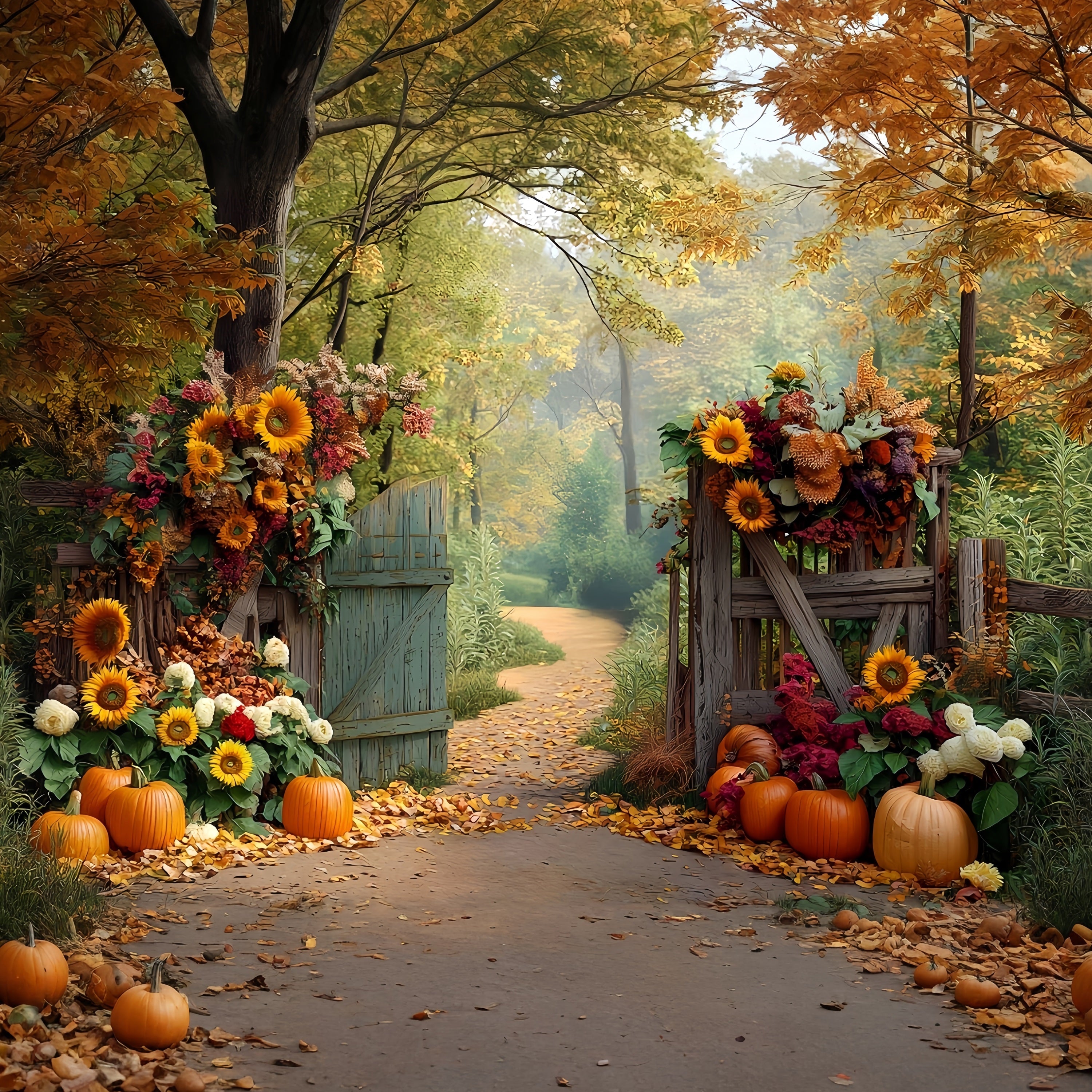 Fall Forest Backdrop Sunflower Pumpkin Path Autumn Photography Backdrops UK MRR8-185