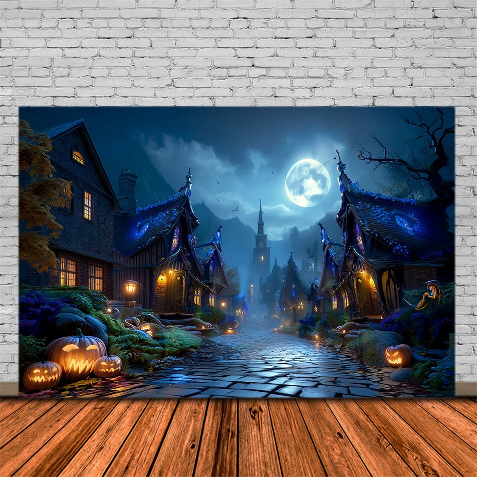 Haunted House Backdrop Full Moon Haunted Village Street Halloween Backdrop UK MRR8-23