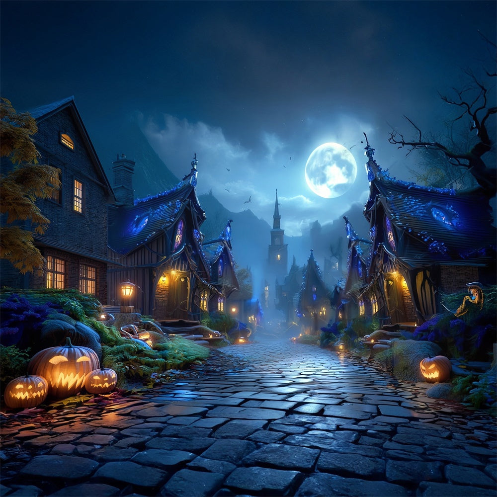 Haunted House Backdrop Full Moon Haunted Village Street Halloween Backdrop UK MRR8-23