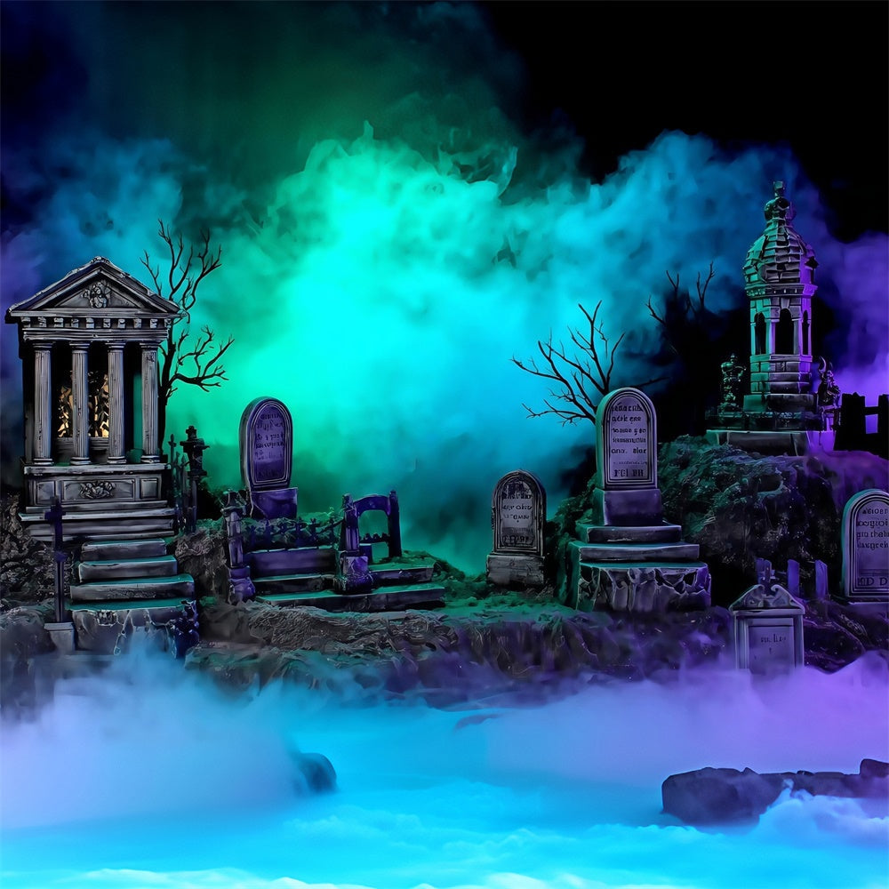 Halloween Graveyard Backdrop Glowing Foggy Tombstones Halloween Backdrop UK MRR8-24