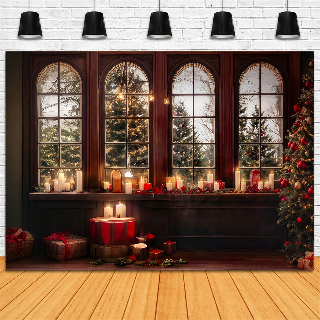 Christmas Photo Backdrop Candle Glow Window Snowy Trees Christmas Backdrops UK MRR8-262