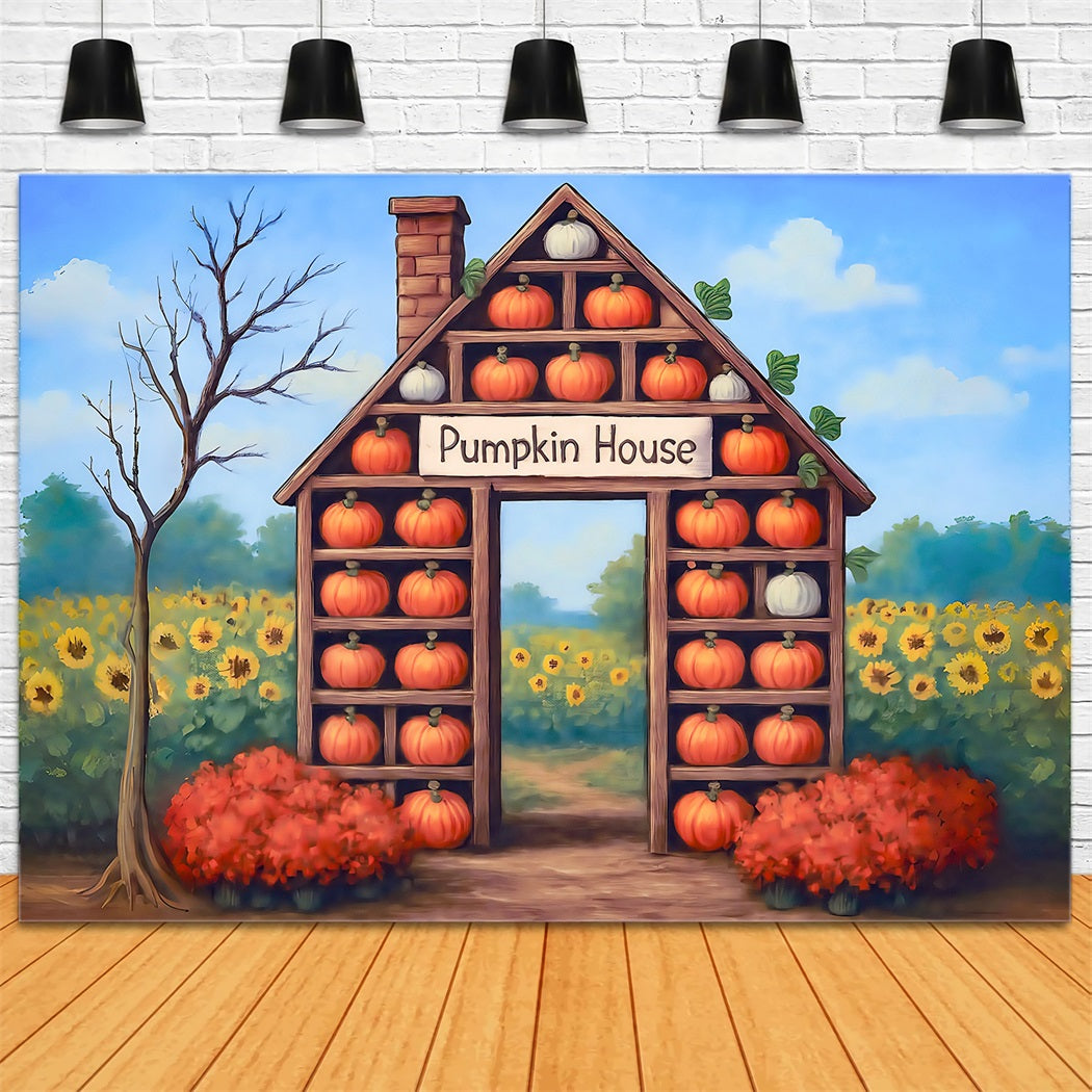 Fall Backdrop Pumpkin House Harvest Sunflower Fall Photo Backdrop UK MRR8-271