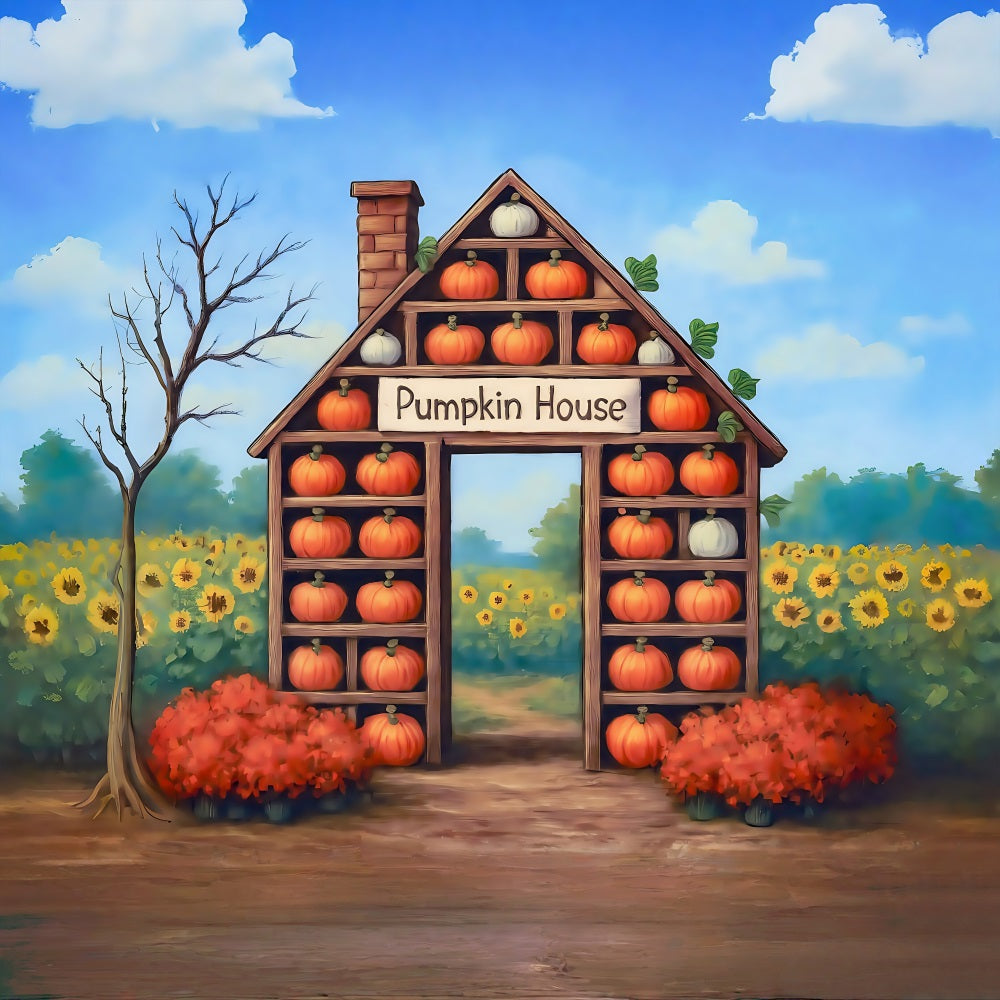 Fall Backdrop Pumpkin House Harvest Sunflower Fall Photo Backdrop UK MRR8-271