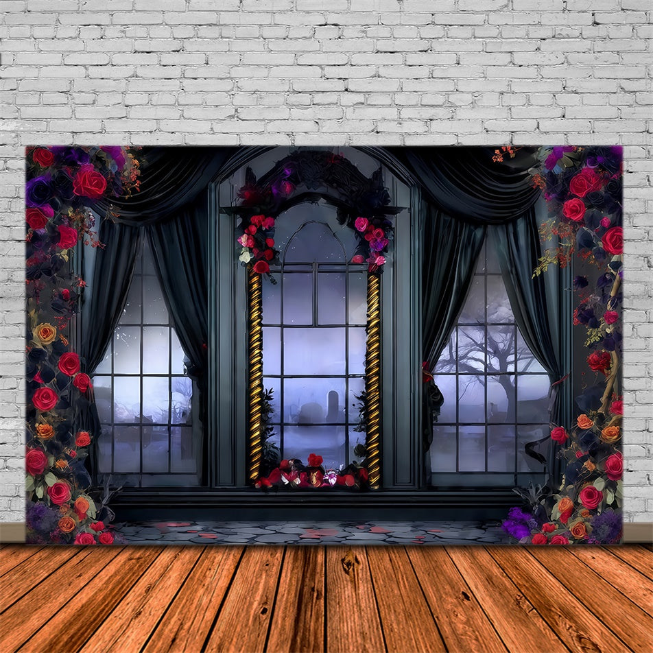 Halloween Photo Backdrop Victorian Rose Draped Window Halloween Backdrop UK MRR8-28