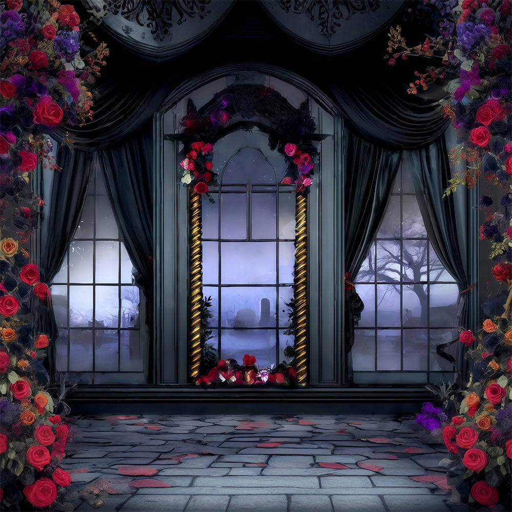 Halloween Photo Backdrop Victorian Rose Draped Window Halloween Backdrop UK MRR8-28