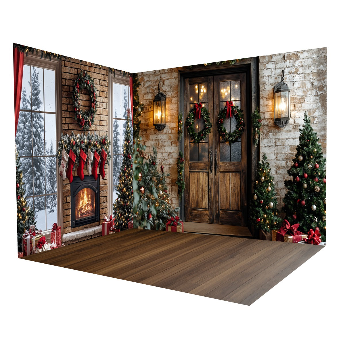 Christmas Photo Backdrop Cozy Fireplace Vintage Door Backdrop Room Set UK MRR8-289