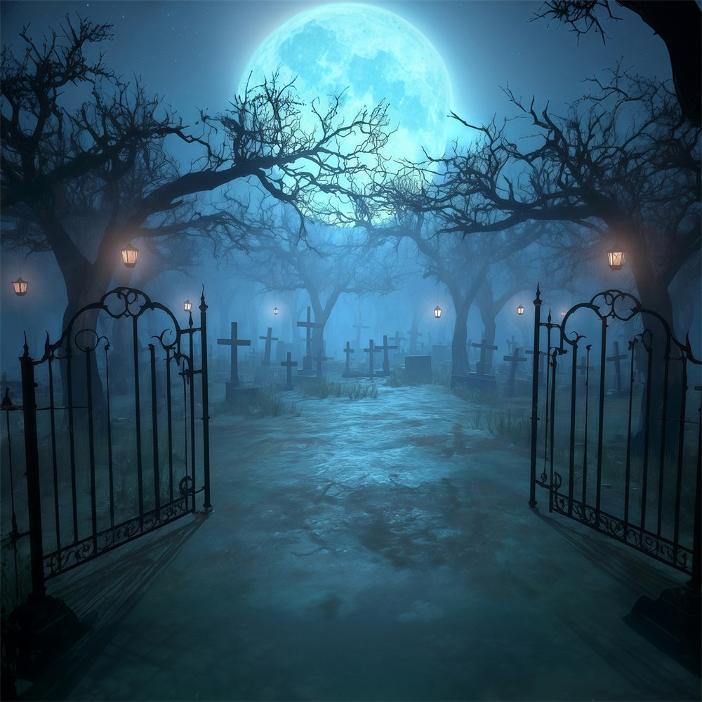 Halloween Graveyard Backdrop Moonlit Gate Cemetery Path Halloween Backdrop UK MRR8-29