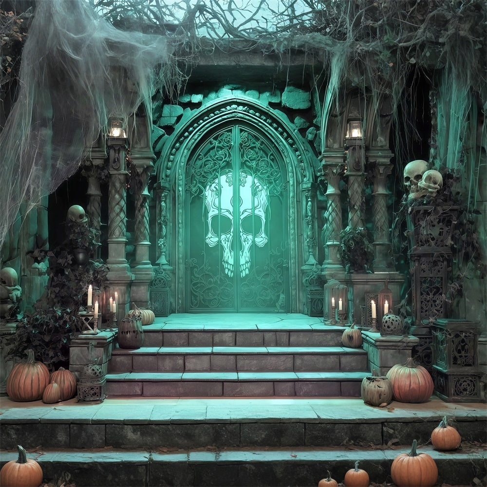 Halloween Backdrops for Photos Green Skull Crypt Entrance Halloween Backdrop UK MRR8-30