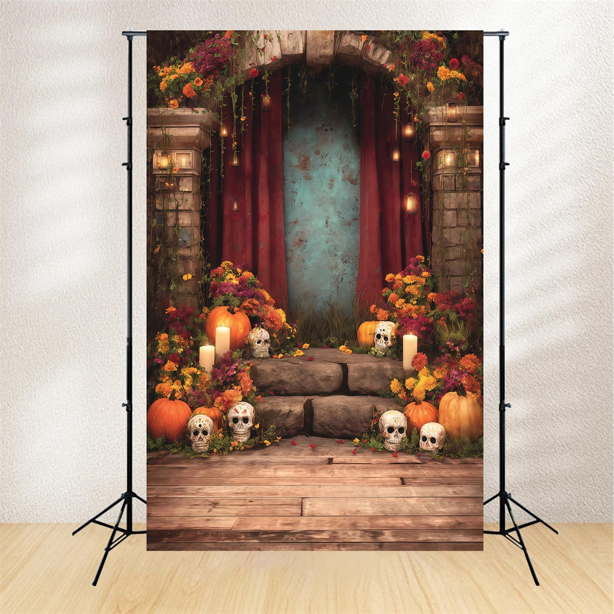 Halloween Photography Backdrop Flower Sacrifice Skeleton Candle Arch Backdrop UK MRR8-36