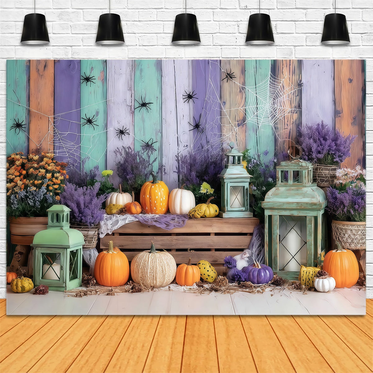 Halloween Wall Backdrop Colorful Wooden Wall Spider Pumpkin Halloween Backdrop UK MRR8-5