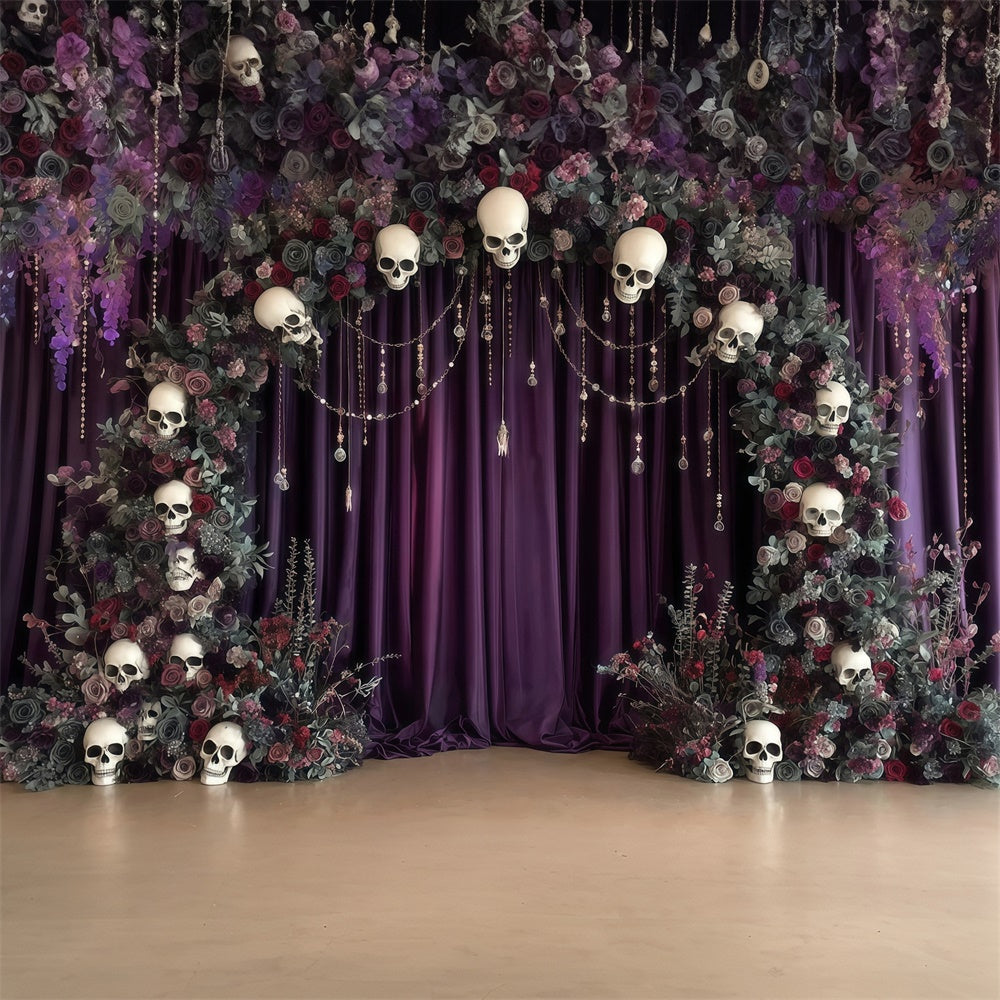 Halloween Photo Backdrop Skull Arch Flower Mystery Purple Halloween Backdrop UK MRR8-6
