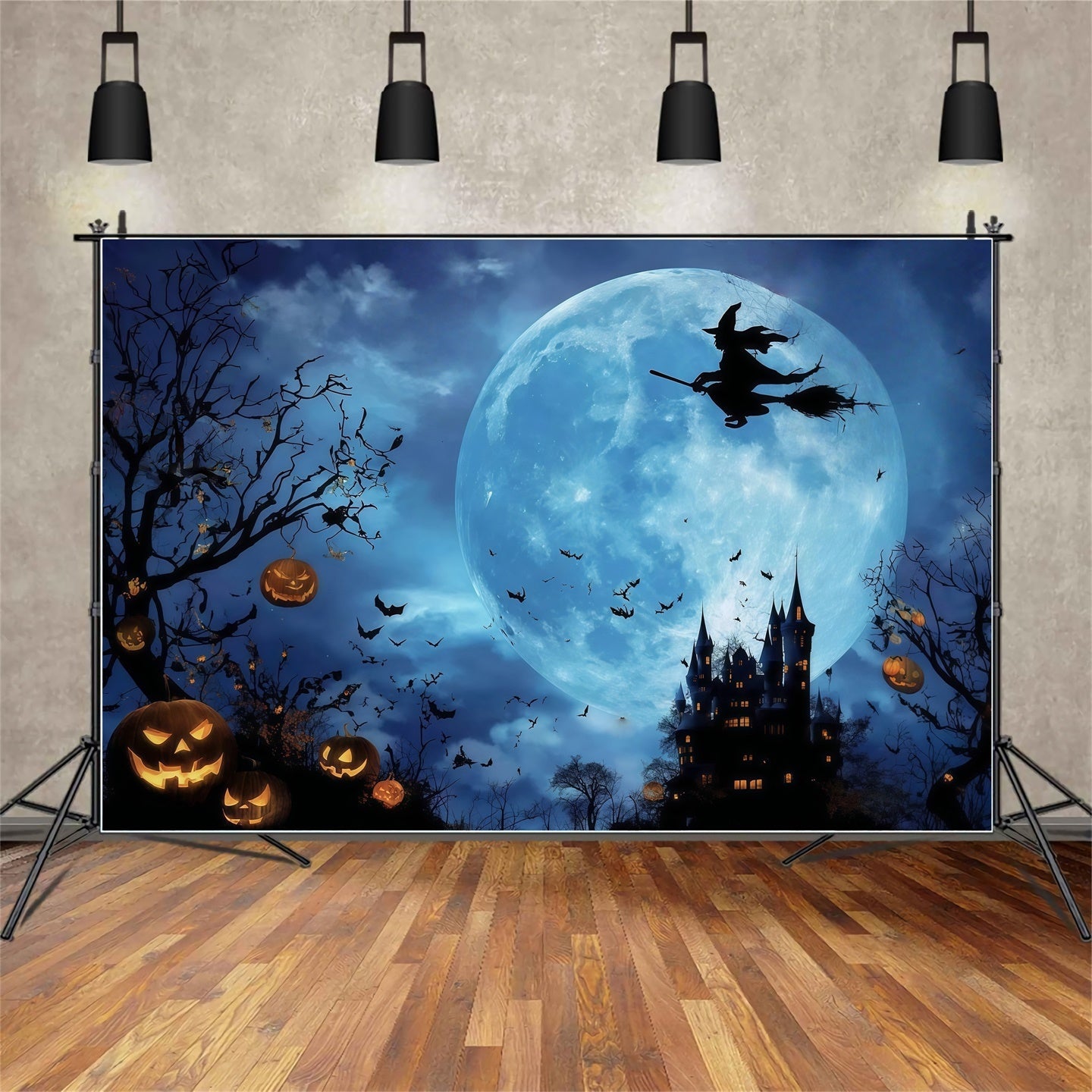 Spooky Halloween Backdrop Mystic Forest Castle Full Moon Witch Halloween Backdrop UK MRR8-7