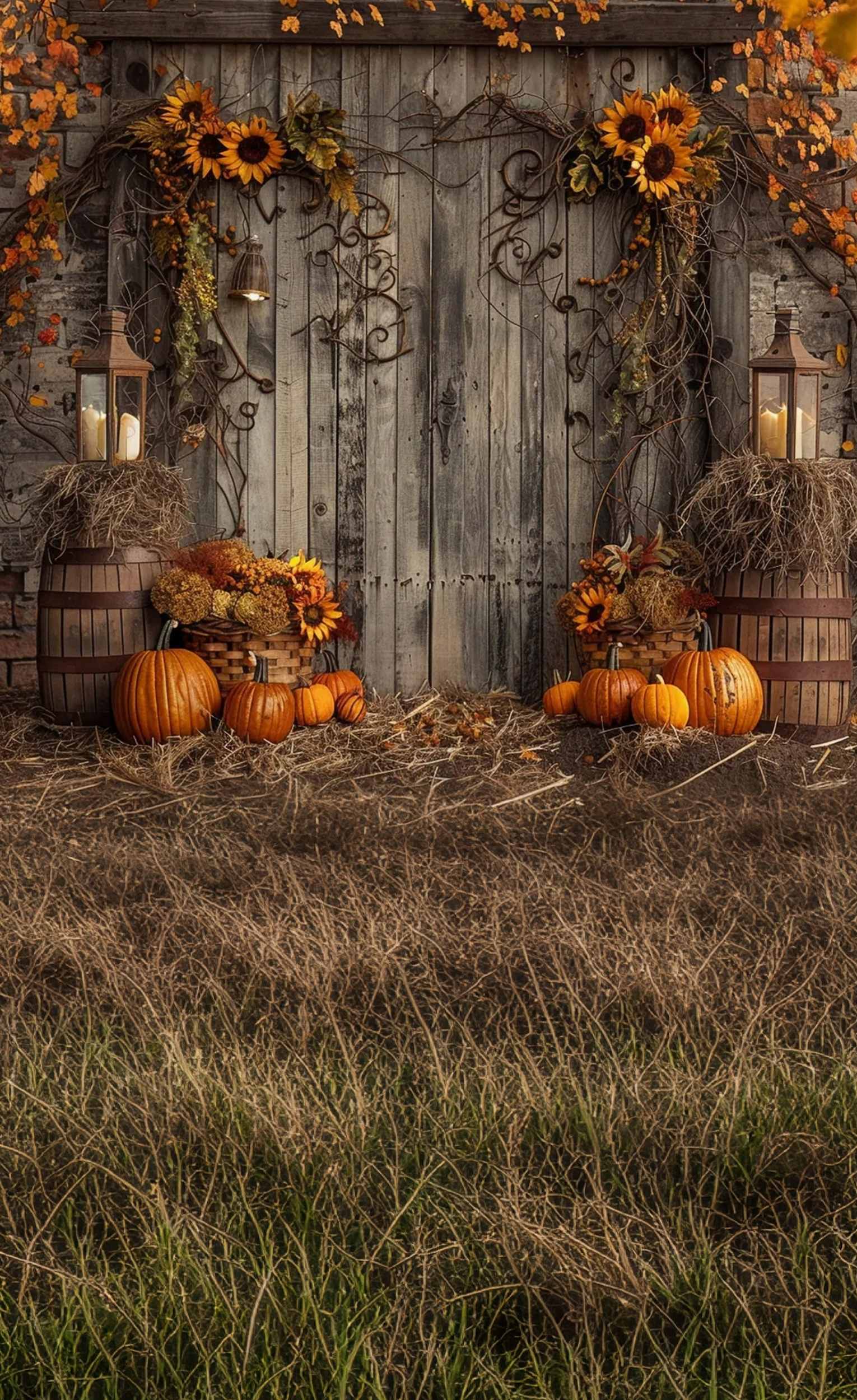 Western Backdrop Rustic Sunflower Pumpkin Porch Sweep Backdrop UK MRR8-77