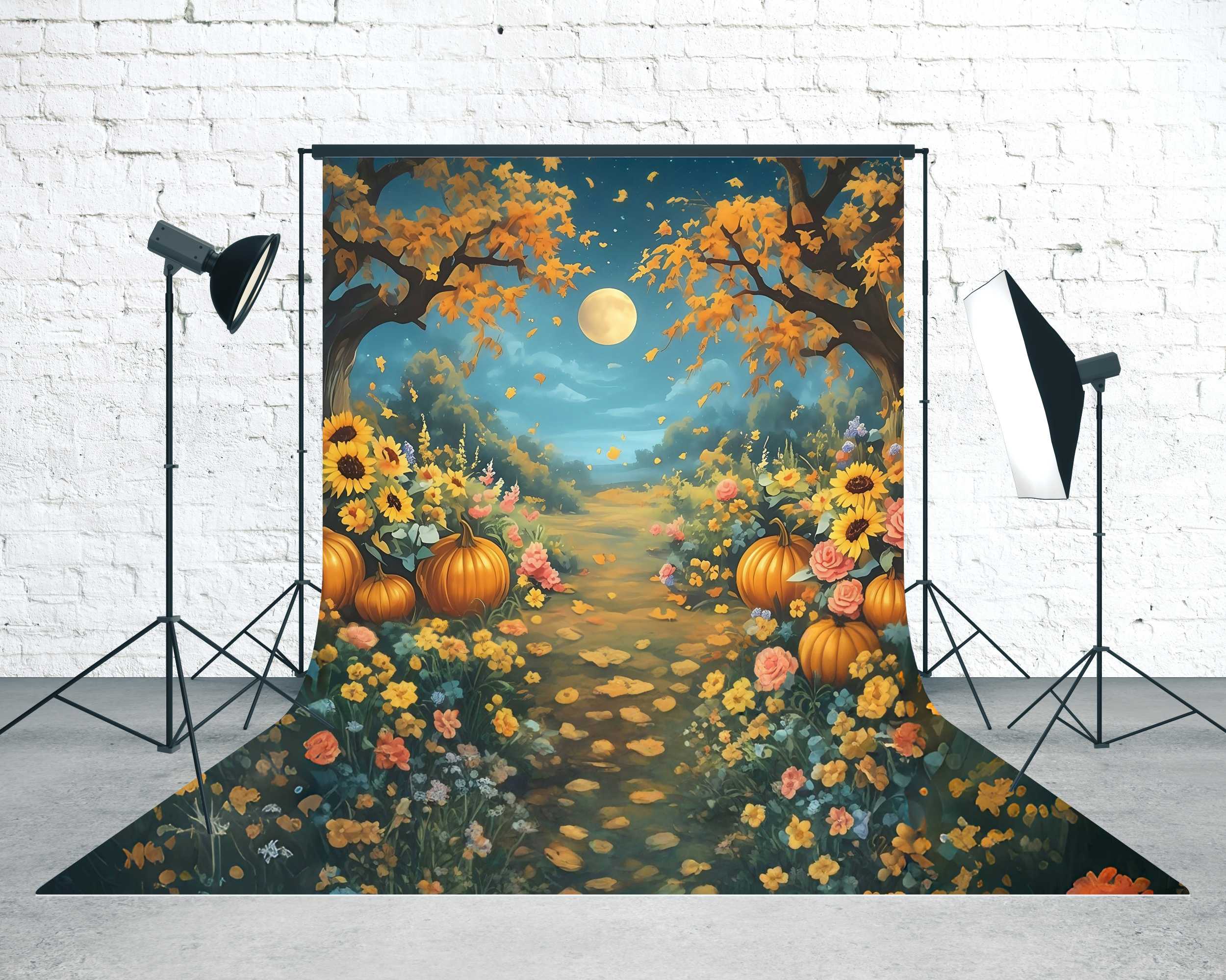 Fall Photo Backdrop Moonlight Pumpkin Garden Path Sweep Backdrop UK MRR8-97
