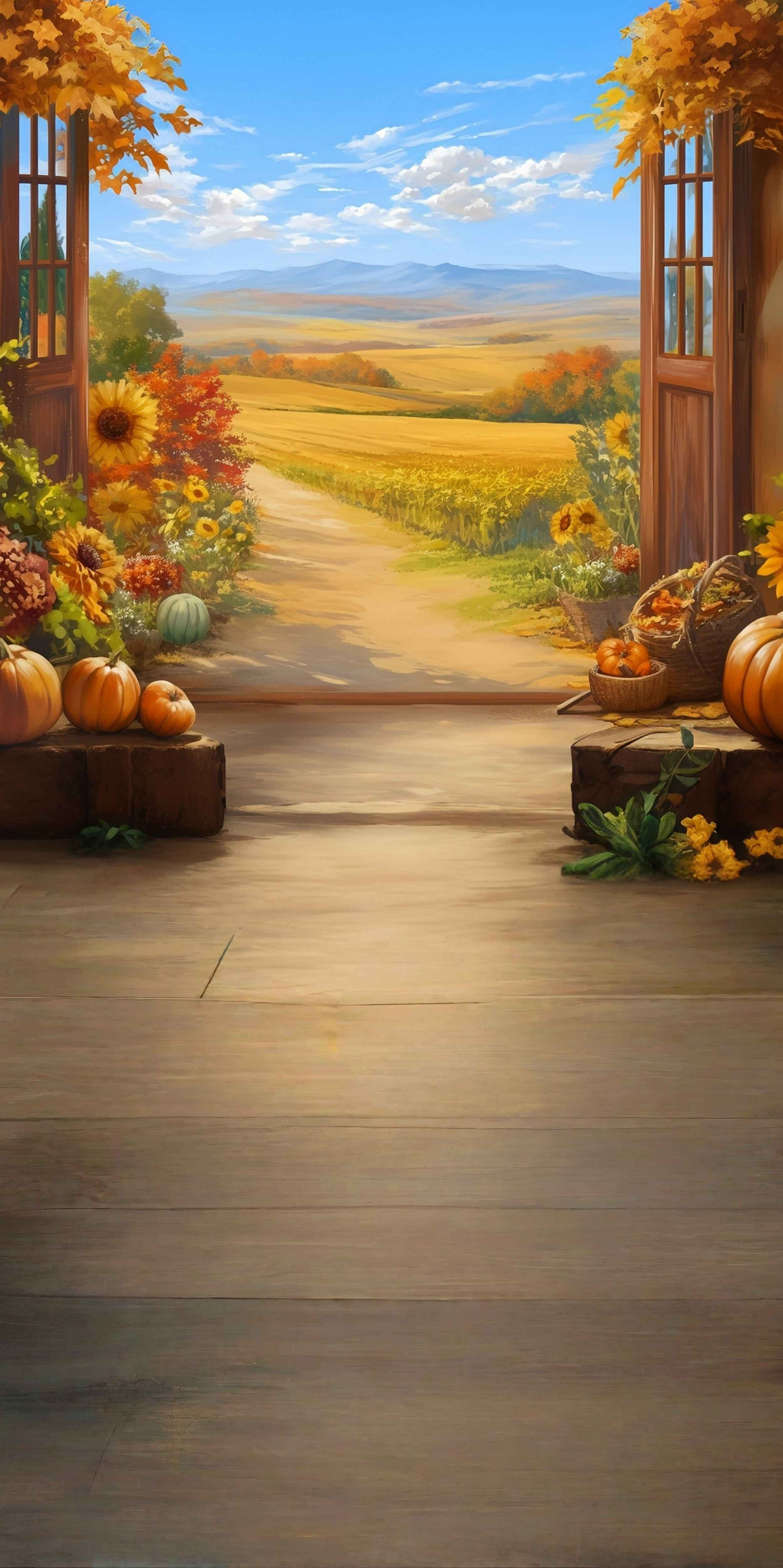 Fall Leaves Backdrop Autumn Window View Farm Trail Sweep Backdrop UK MRR8-98
