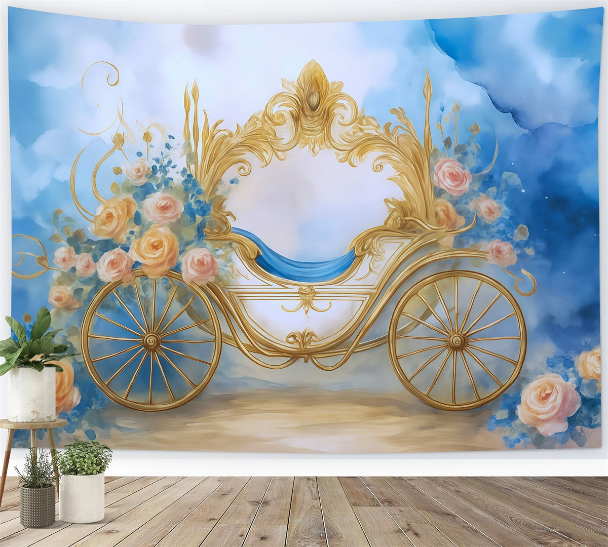 Newborn Photo Backdrop Golden Carriage Floral Fantasy Kids Backdrop UK MRR9-18