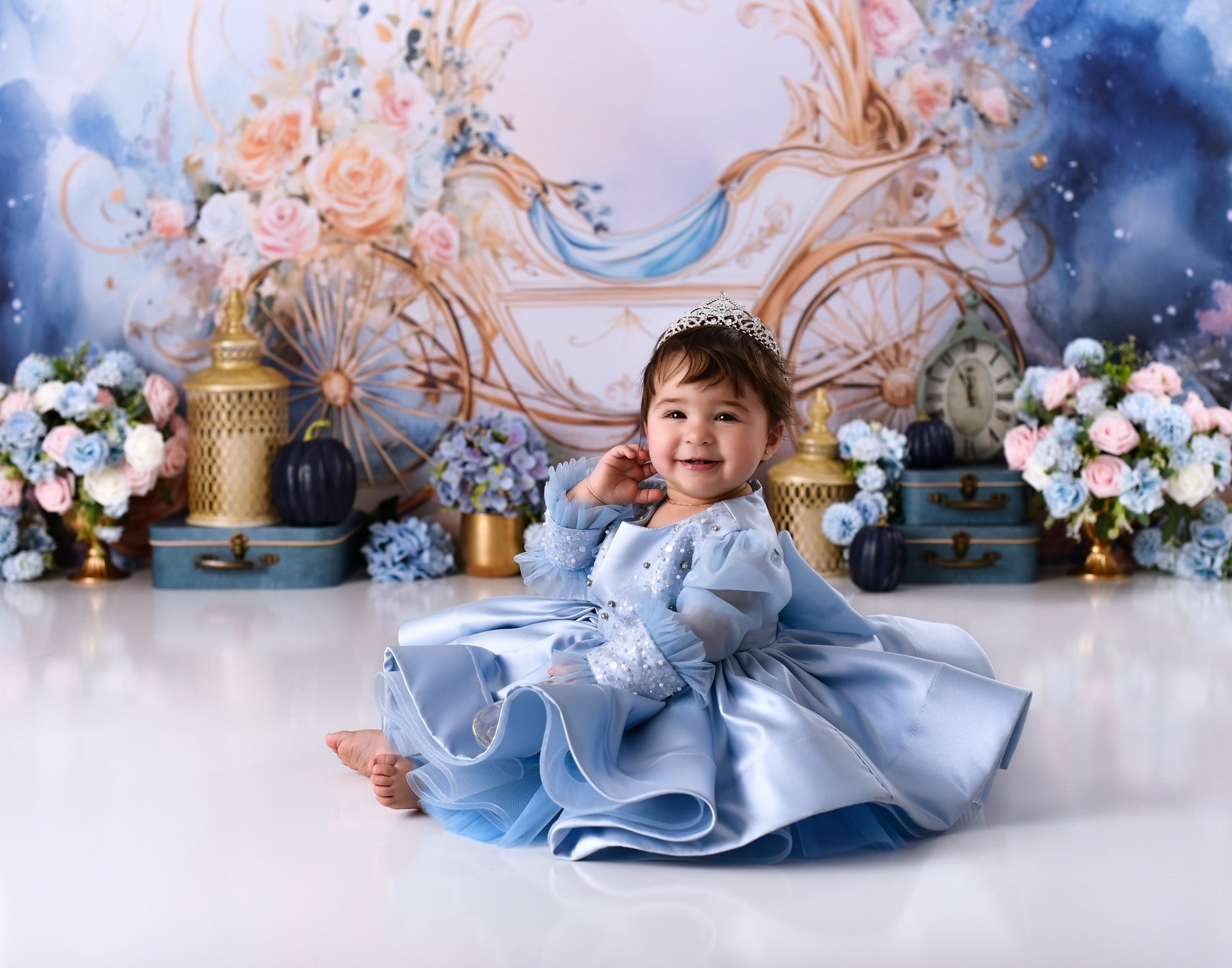 Newborn Photo Backdrop Golden Carriage Floral Fantasy Kids Backdrop UK MRR9-18