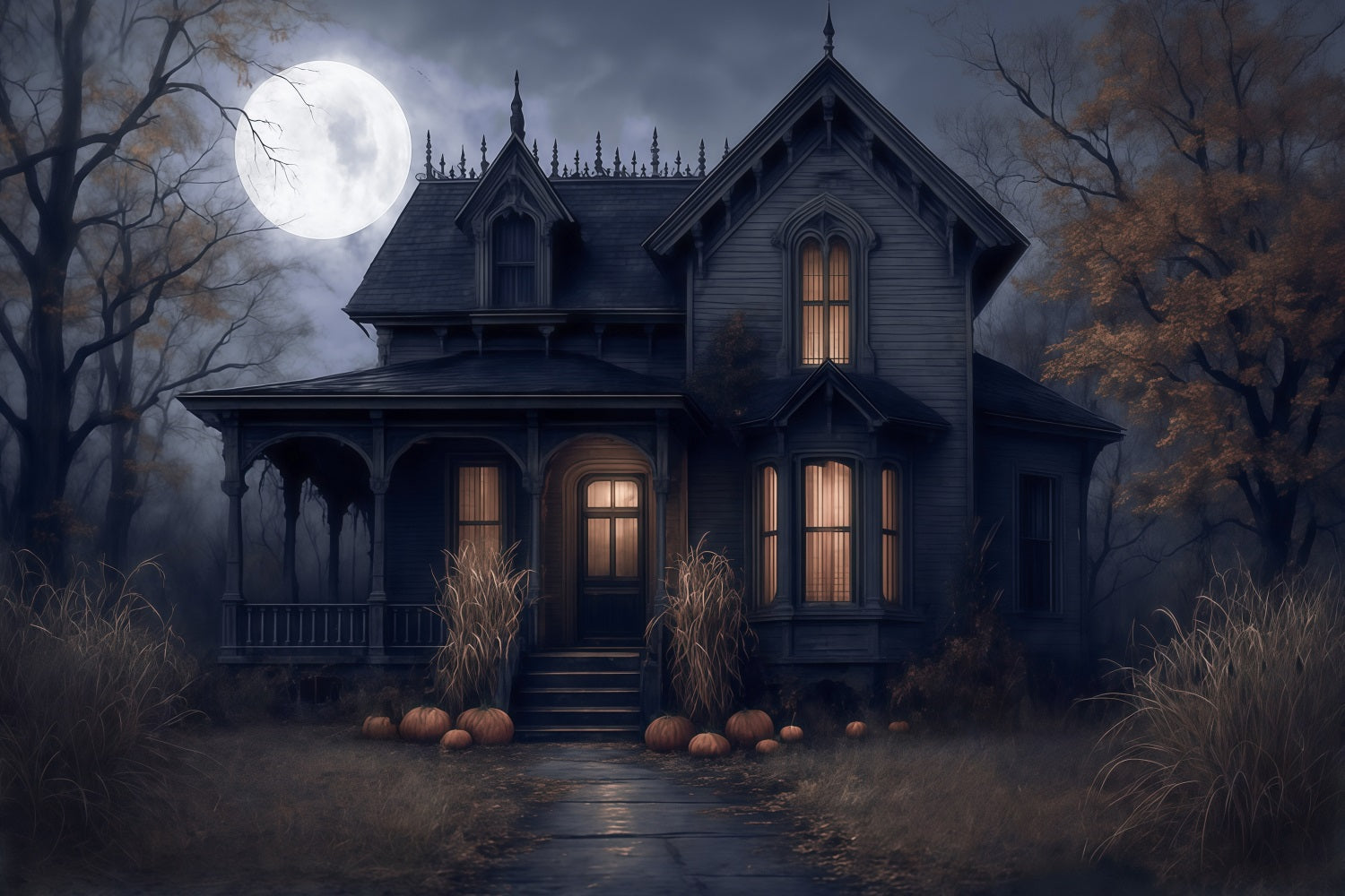 Halloween Backdrop Haunted House Full Moon Night Spooky Halloween Backdrop UK MRR9-38