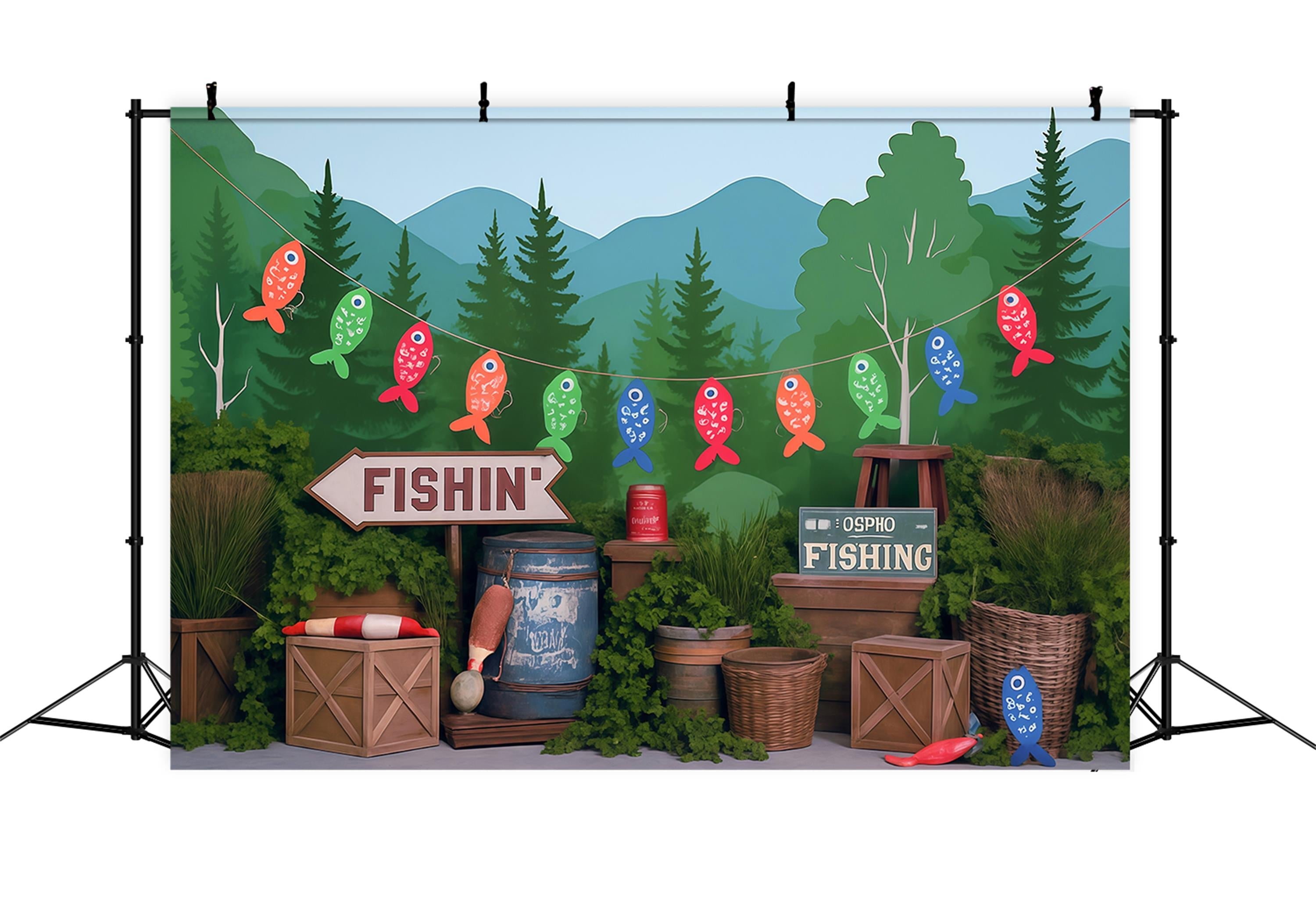 Forest Backdrop Lakeside Forest Fishing Party Setup Kids Photo Backdrop UK MRR9-49
