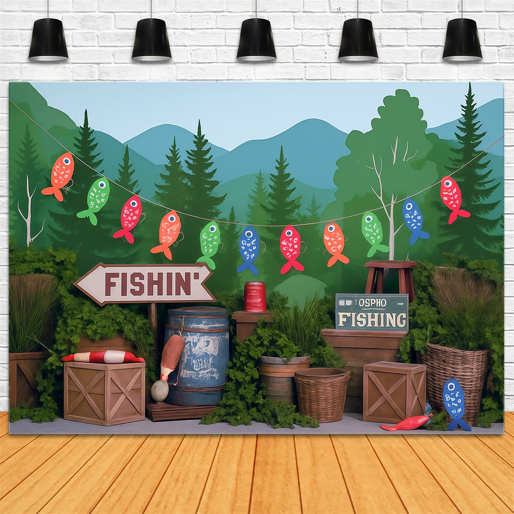 Forest Backdrop Lakeside Forest Fishing Party Setup Kids Photo Backdrop UK MRR9-49