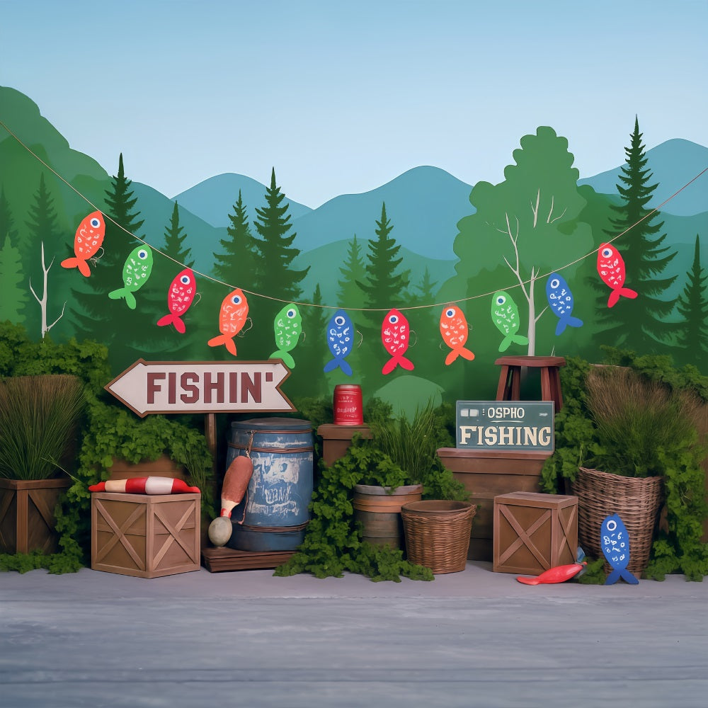 Forest Backdrop Lakeside Forest Fishing Party Setup Kids Photo Backdrop UK MRR9-49