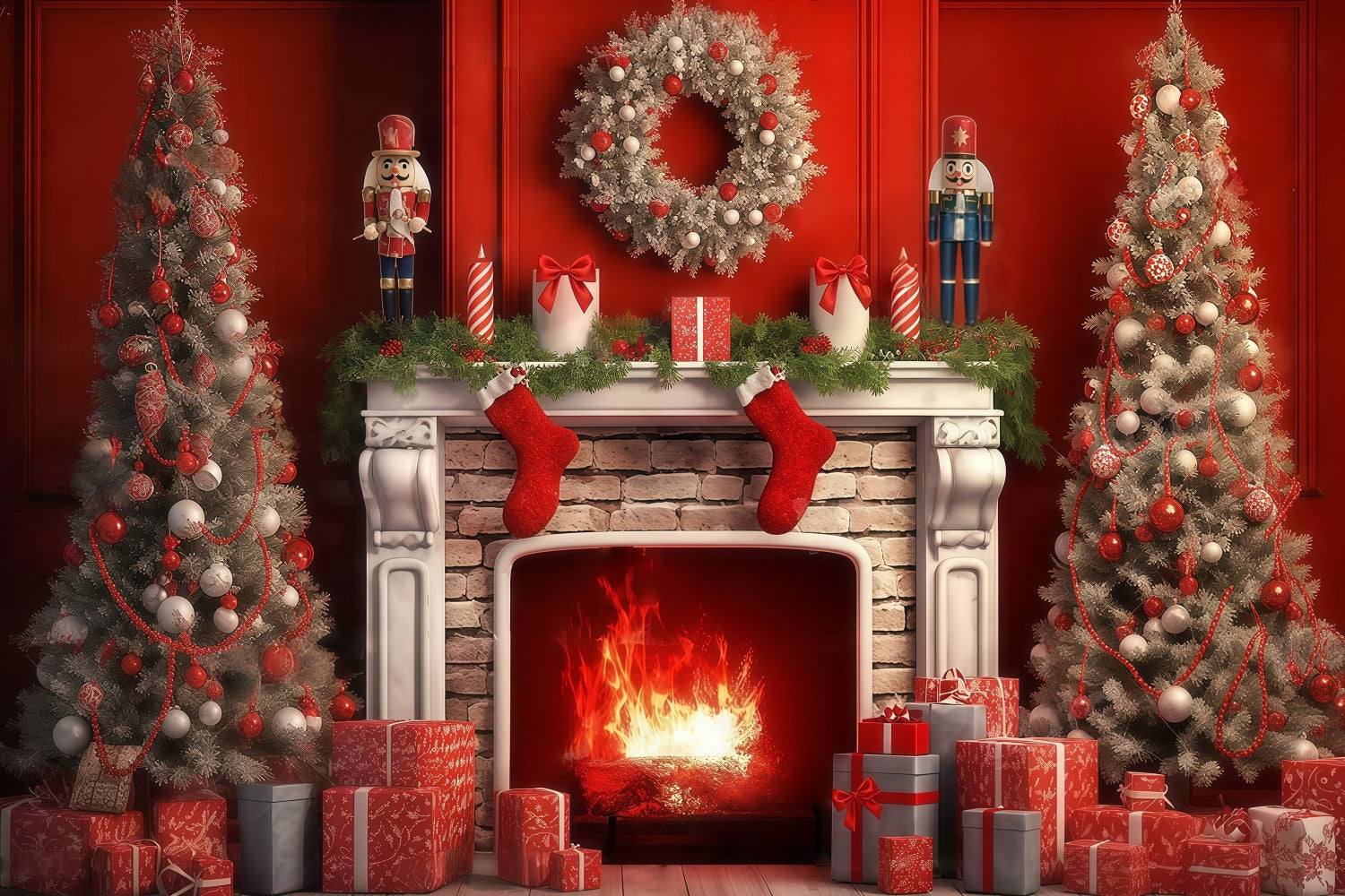 Nutcracker Backdrop Fireplace Red Vintage Wall Christmas Backdrop Ideas UK MRR9-69