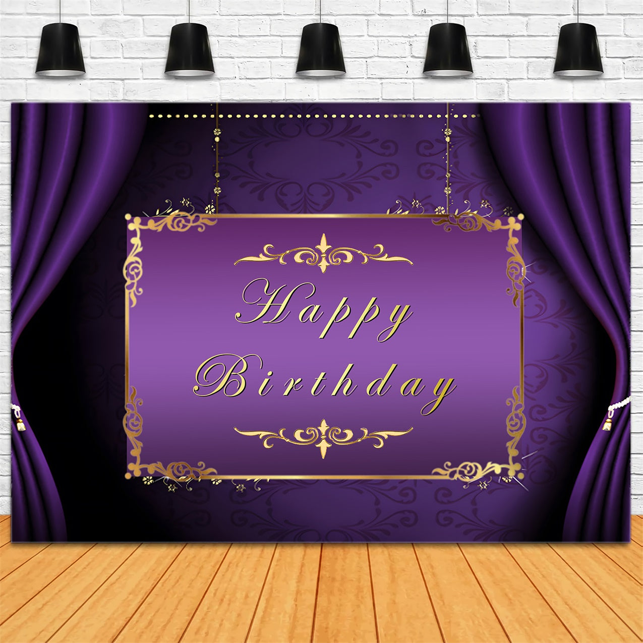 Customized Backdrop For Birthday Golden Frame Purple Backdrop UK RR1-48