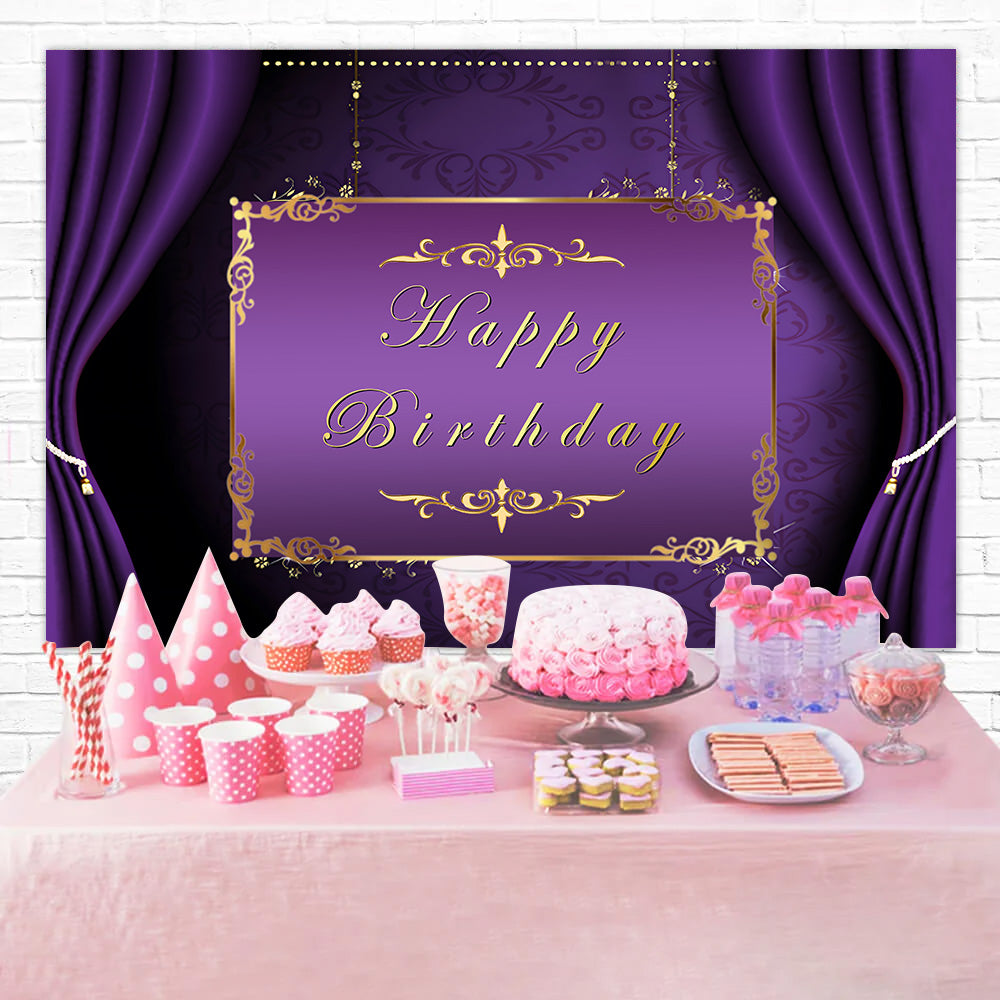 Customized Backdrop For Birthday Golden Frame Purple Backdrop UK RR1-48