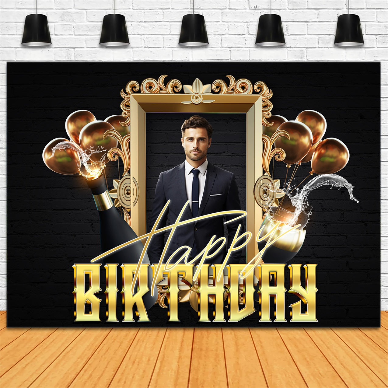 Personalized Birthday Photo Backdrop Golden Frame Champagne Backdrop UK RR1-71