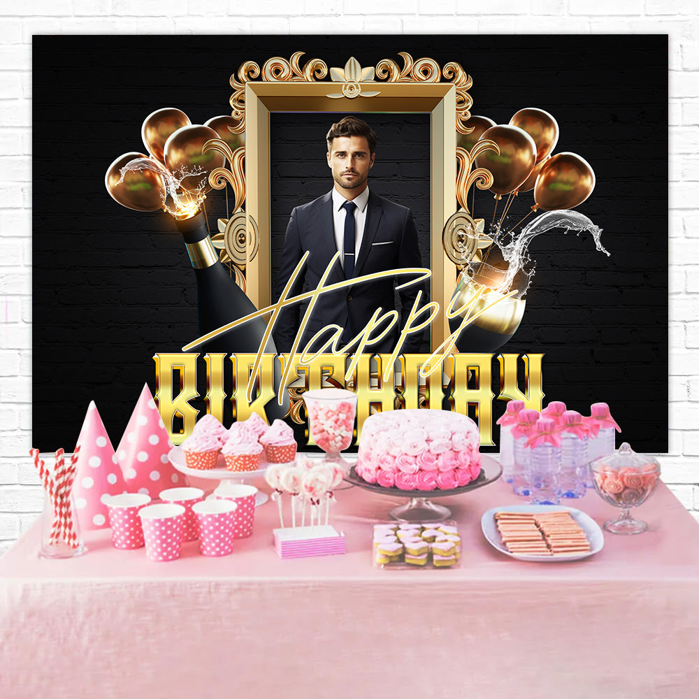 Personalized Birthday Photo Backdrop Golden Frame Champagne Backdrop UK RR1-71