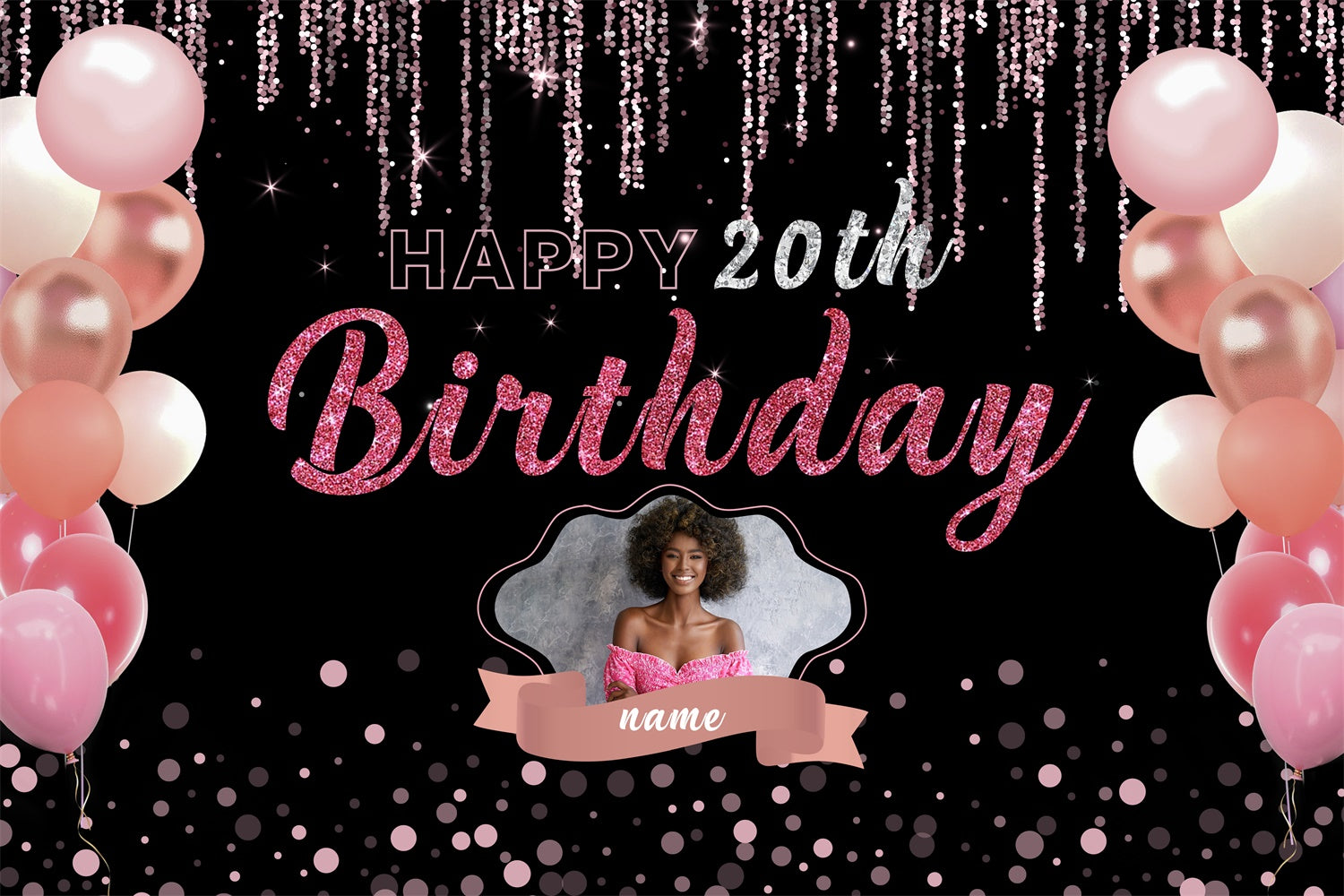 Custom Birthday Backdrops Black Pink Sparkle Balloons 20th Backdrop UK RR12-17