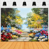 Oil Painting Flowers Around Wooded Trail Beautiful Backdrop RR3-05