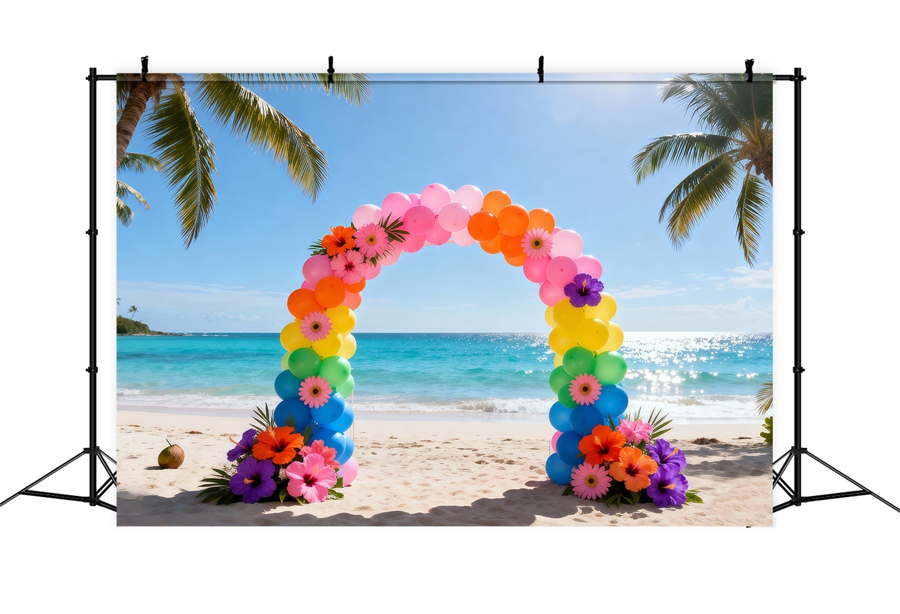 Beach Backdrop Rainbow Balloon Flower Arch Summer Photo Booth Backdrop Ideas UK RR61-1