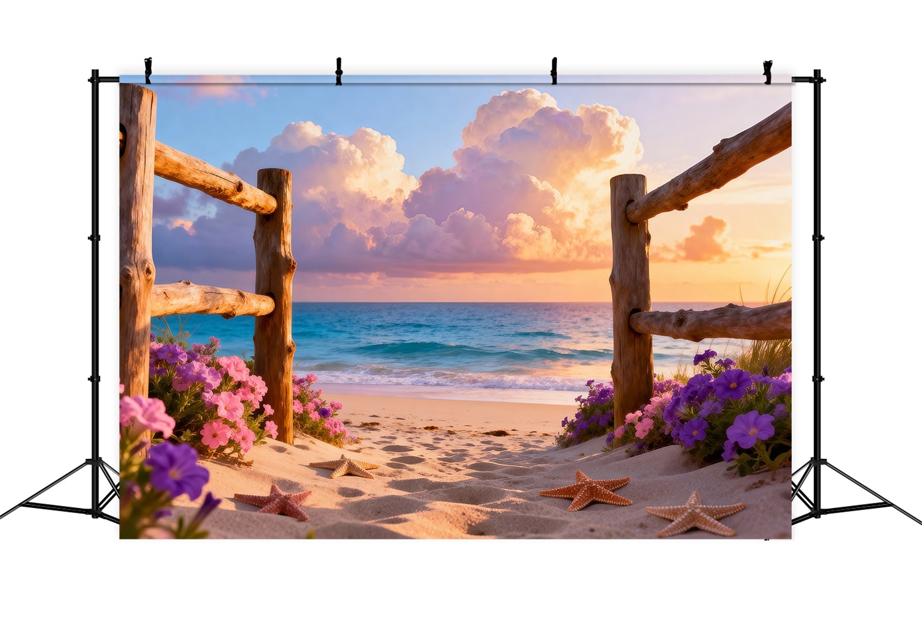 Beach Photography Backdrop Wooden Fence Starfish Path Summer Themed Backdrop UK RR61-10