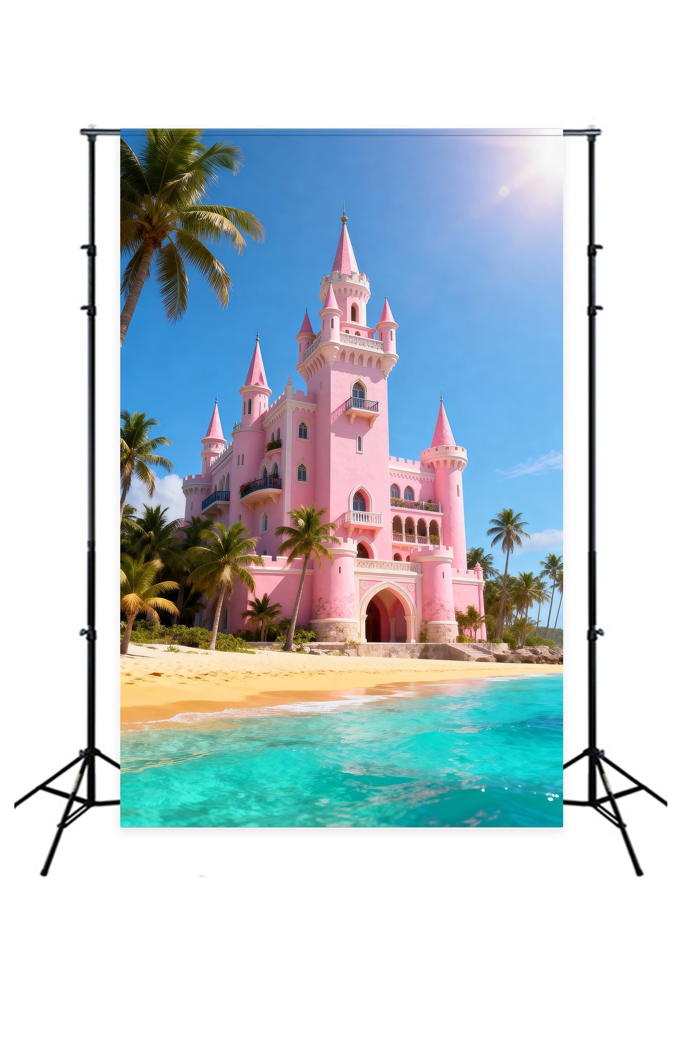 Beach Scene Backdrops Pink Castle Palm Trees Summer Photography Backdrop UK RR61-11