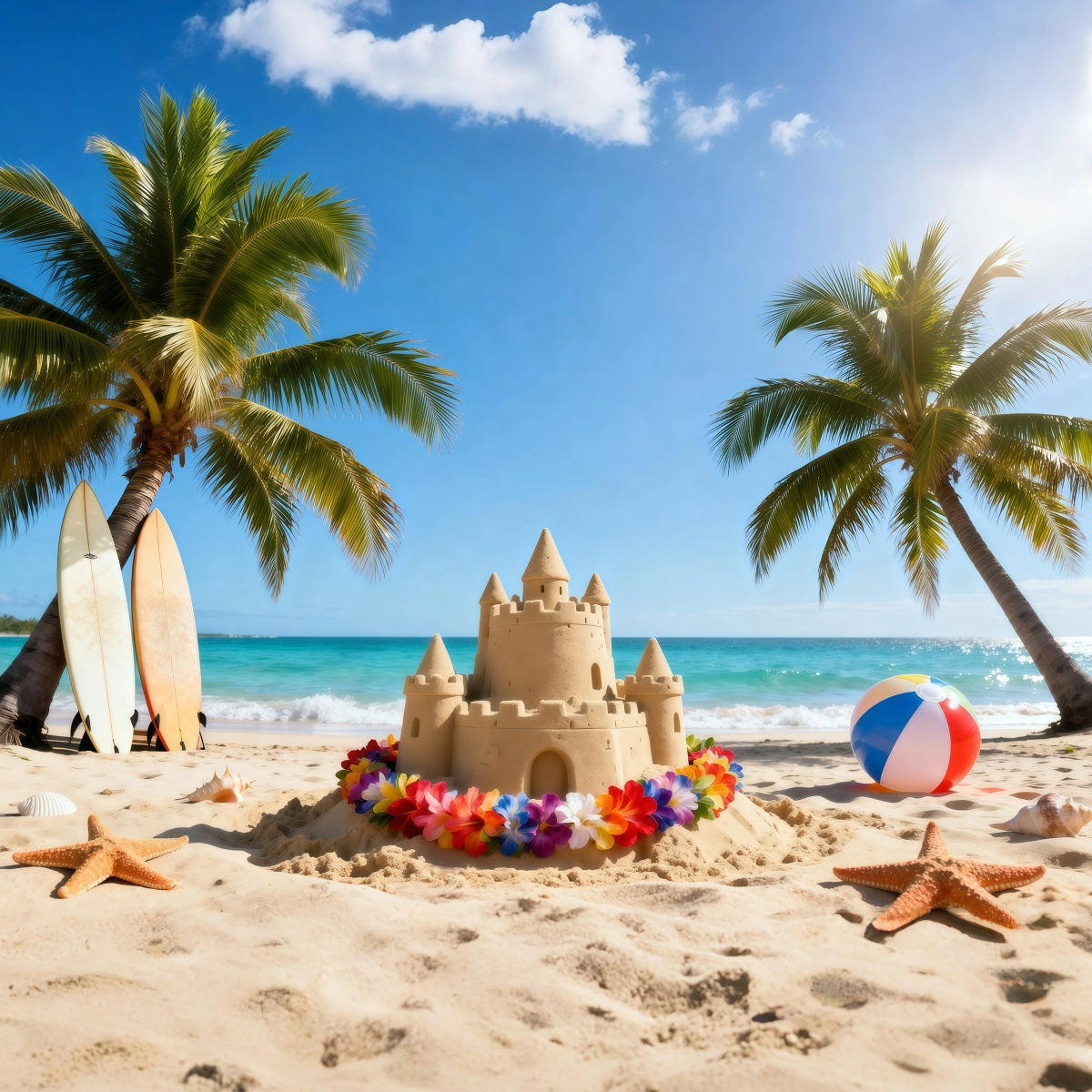 Beach Themed Backdrop Colorful Sandcastle Flowers Summer Vibes Backdrop UK RR61-12