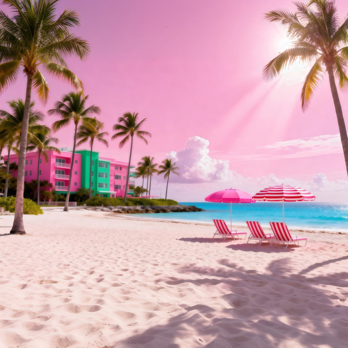 Beach Themed Photo Backdrop Pink Ocean Umbrella Retreat Summer Backdrop UK RR61-16