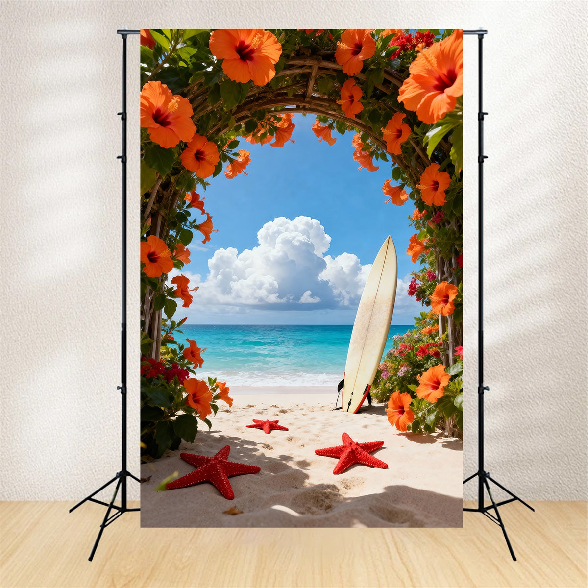 Tropical Beach Photo Backdrop Flower Arch Starfish Path Summer Backdrop UK RR61-17