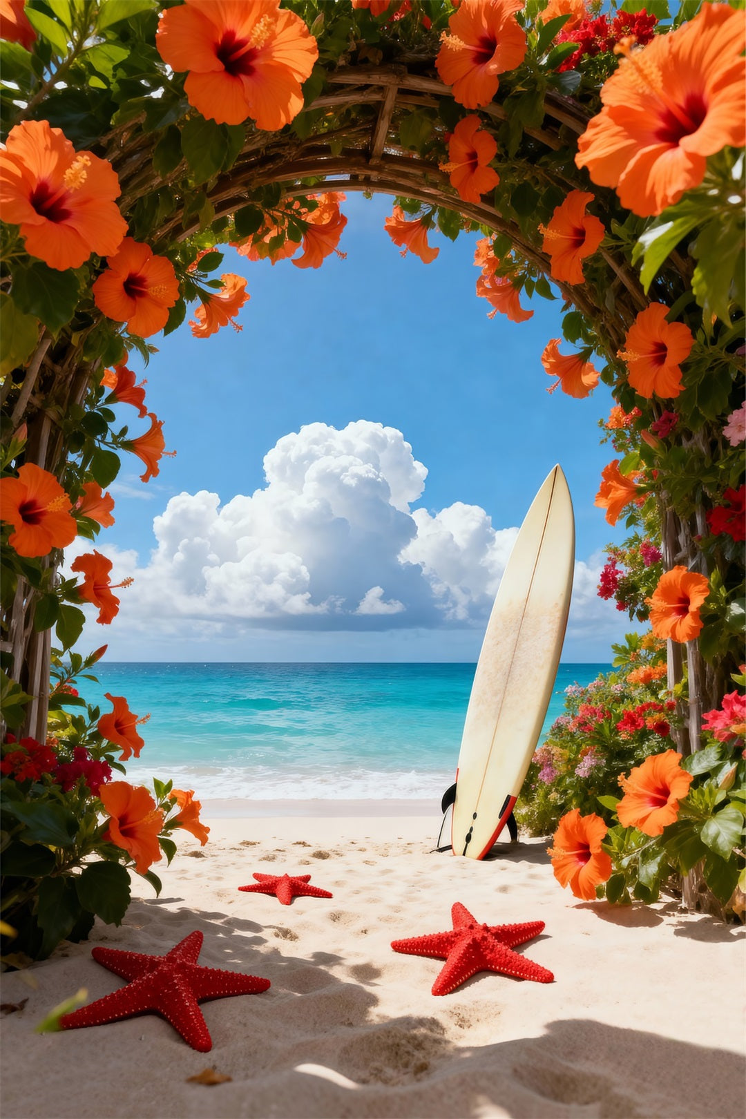Tropical Beach Photo Backdrop Flower Arch Starfish Path Summer Backdrop UK RR61-17