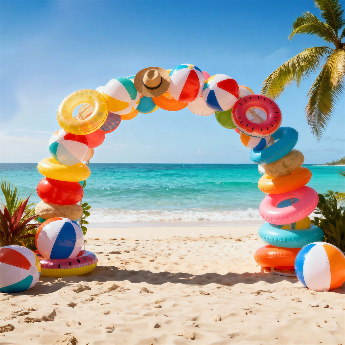 Beach Photo Backdrop Swimming Ring Ball Arch Fun Summer Backdrops UK RR61-2