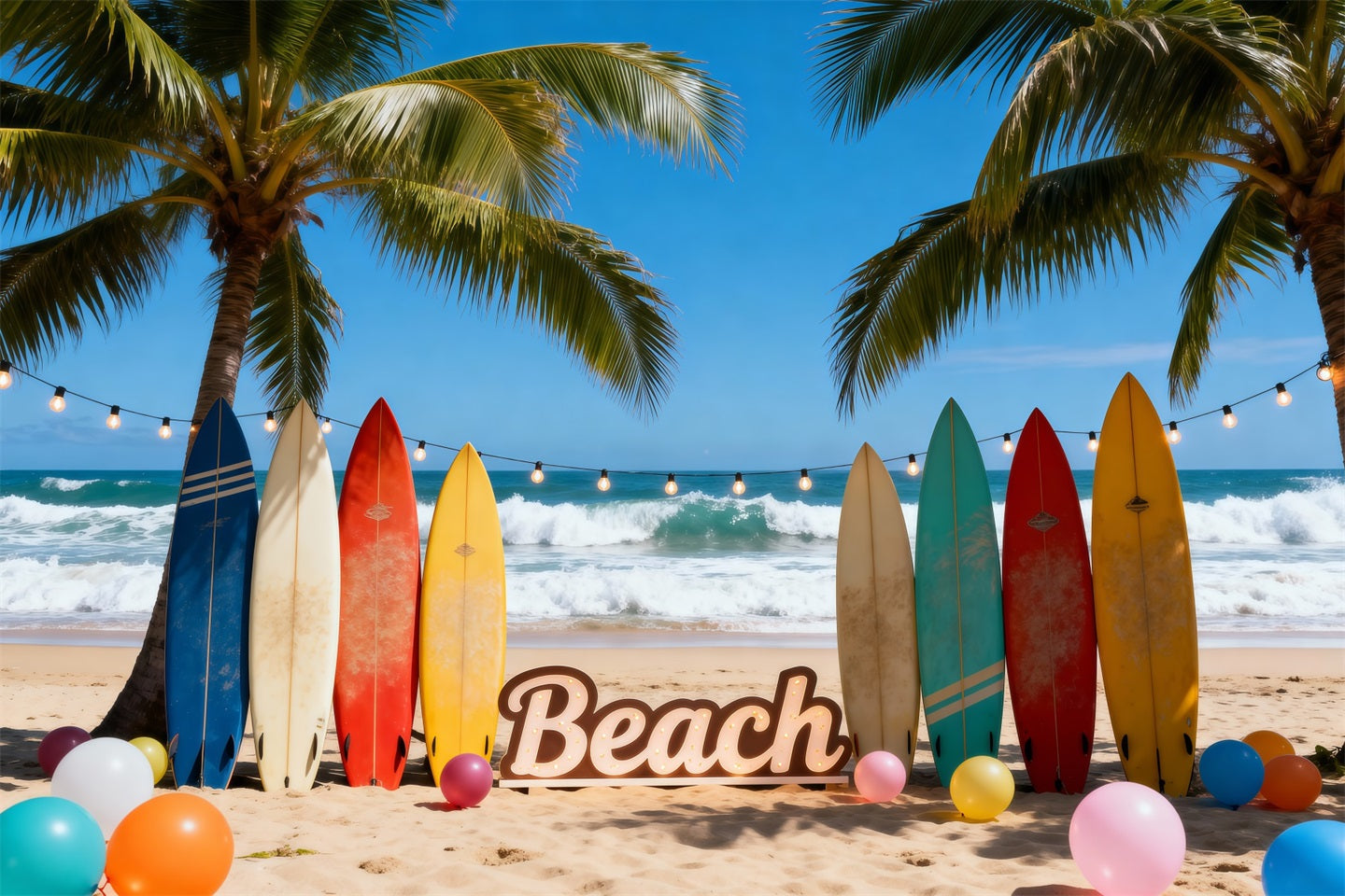 Hawaii Beach Backdrop Colorful Surfboards Balloons Fun Summer Backdrop Ideas UK RR61-20