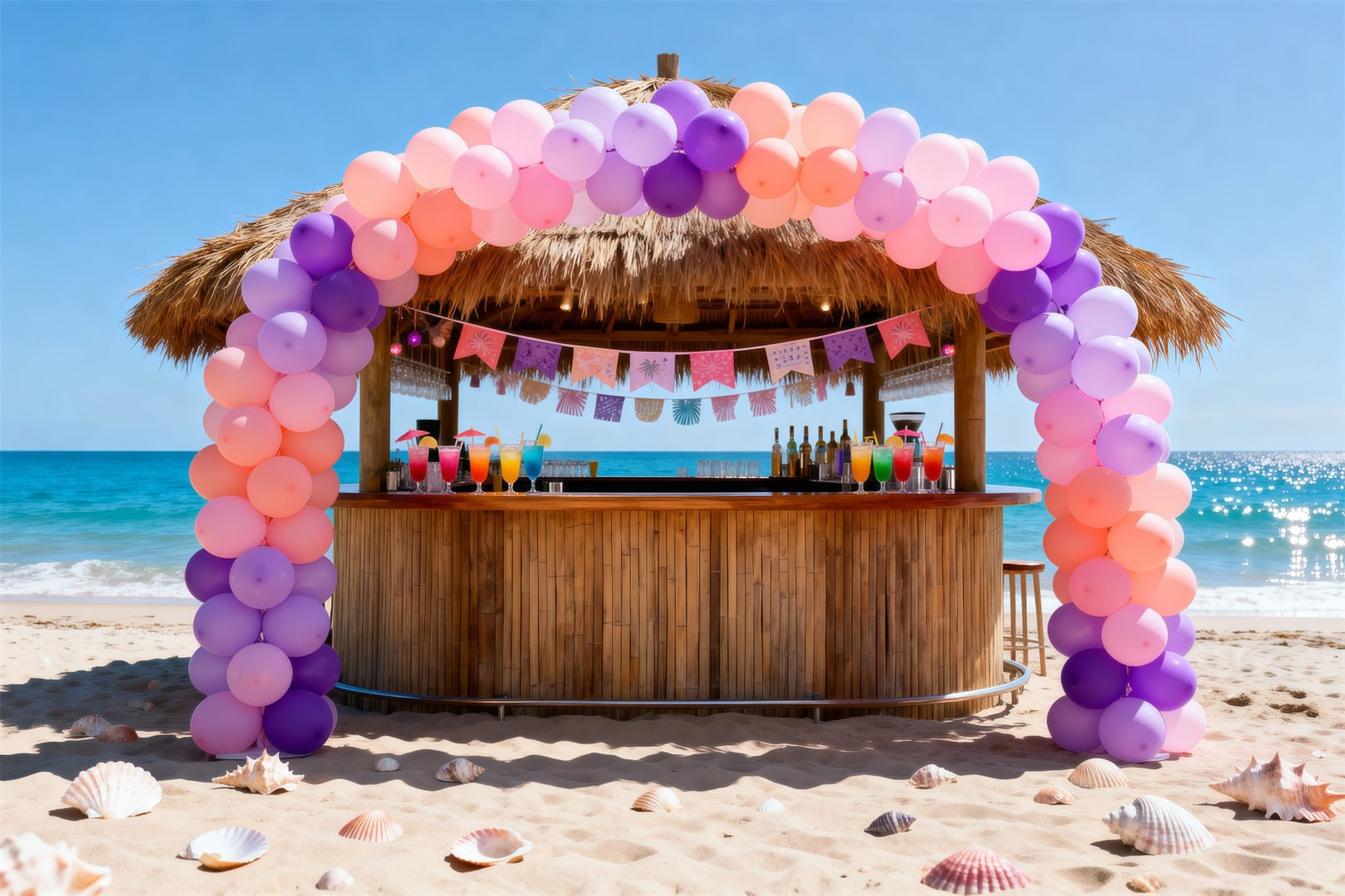 Beach Scene Photo Backdrop Beachfront Tiki Bar Party Summer Photo Backdrops UK RR61-21