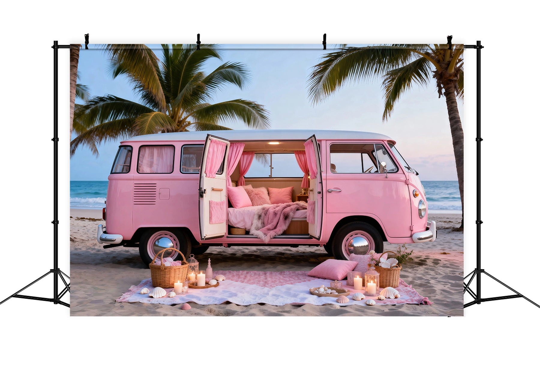 Beach Themed Backdrops Pink Camper Getaway Summer Photography Backdrop UK RR61-23