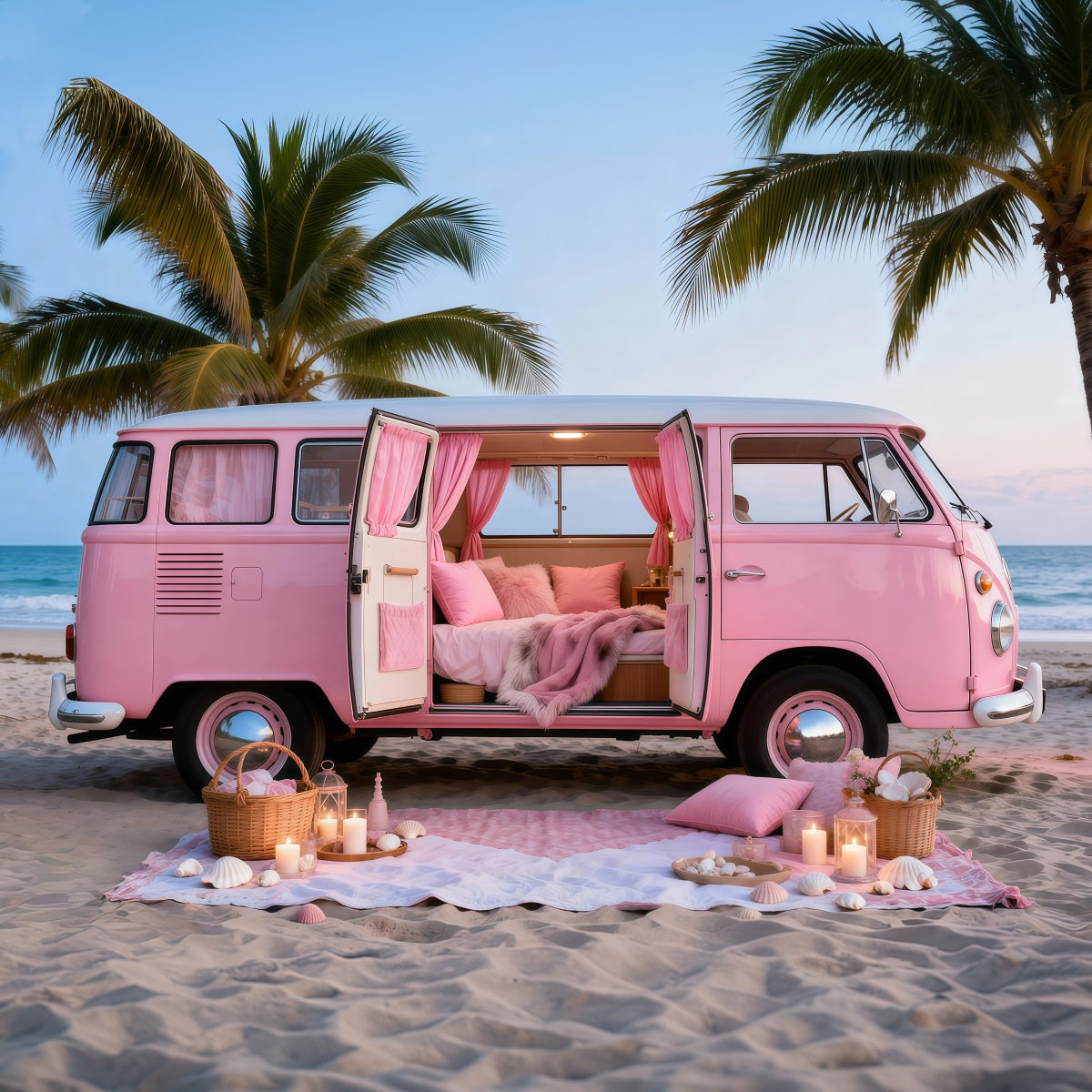 Beach Themed Backdrops Pink Camper Getaway Summer Photography Backdrop UK RR61-23