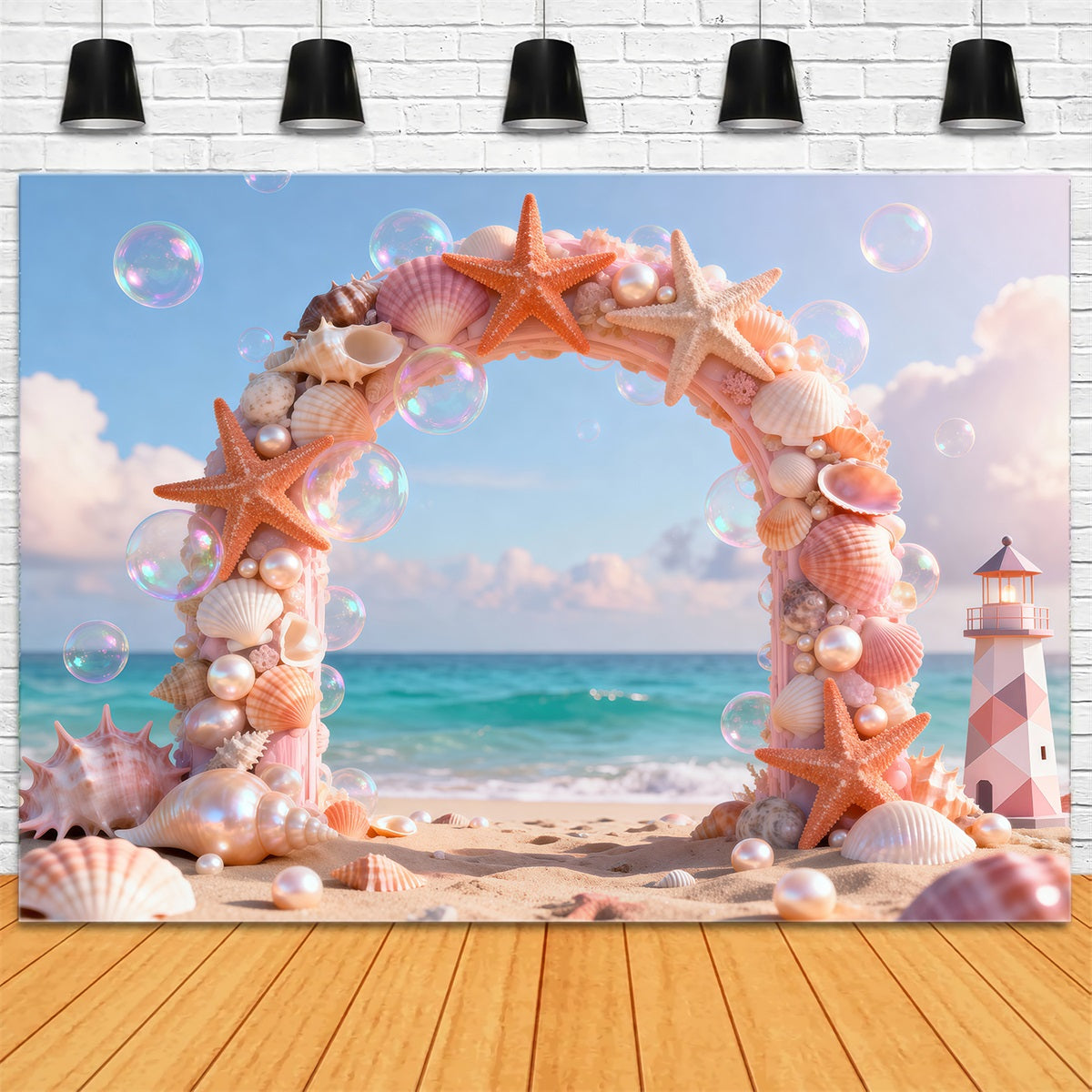 Beach Theme Backdrops Seashell Arch Lighthouse Summer Backdrops Photography UK RR61-25