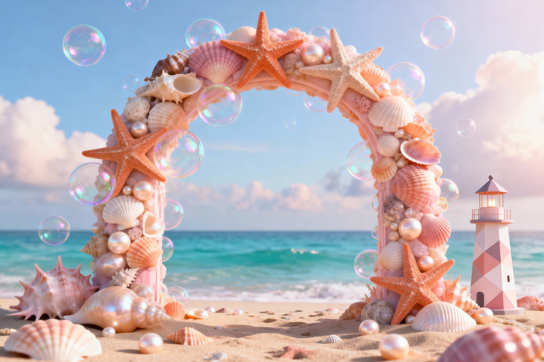 Beach Theme Backdrops Seashell Arch Lighthouse Summer Backdrops Photography UK RR61-25