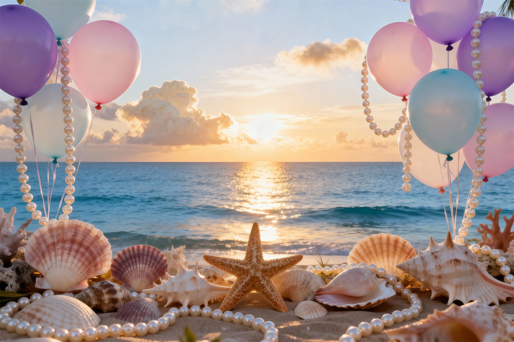 Beach Photo Backdrop Balloons Seashell Sunset View Summer Backdrops UK RR61-29