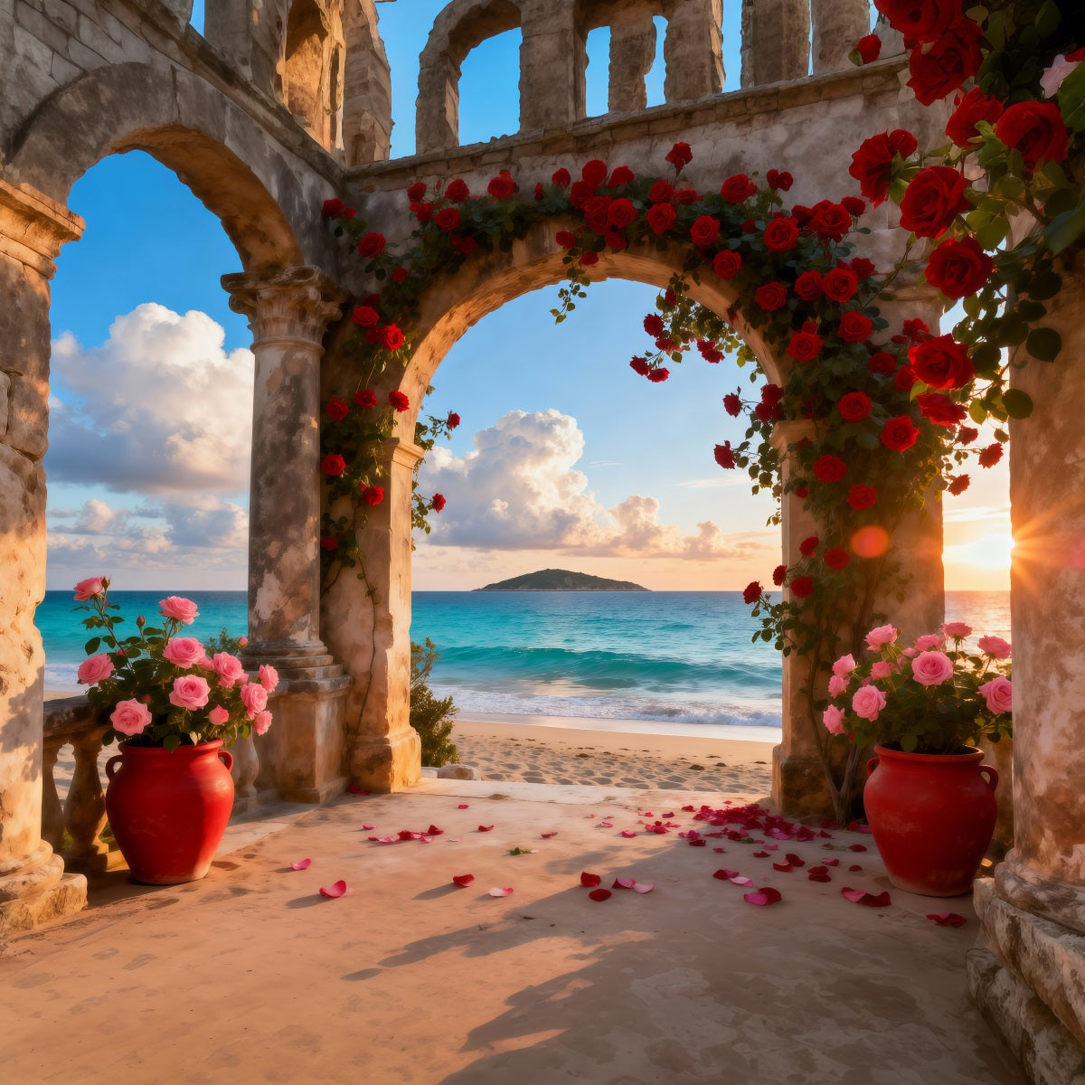 Beach Backdrops Romantic Rose Arch Ocean Summer Photo Backdrop UK RR61-30