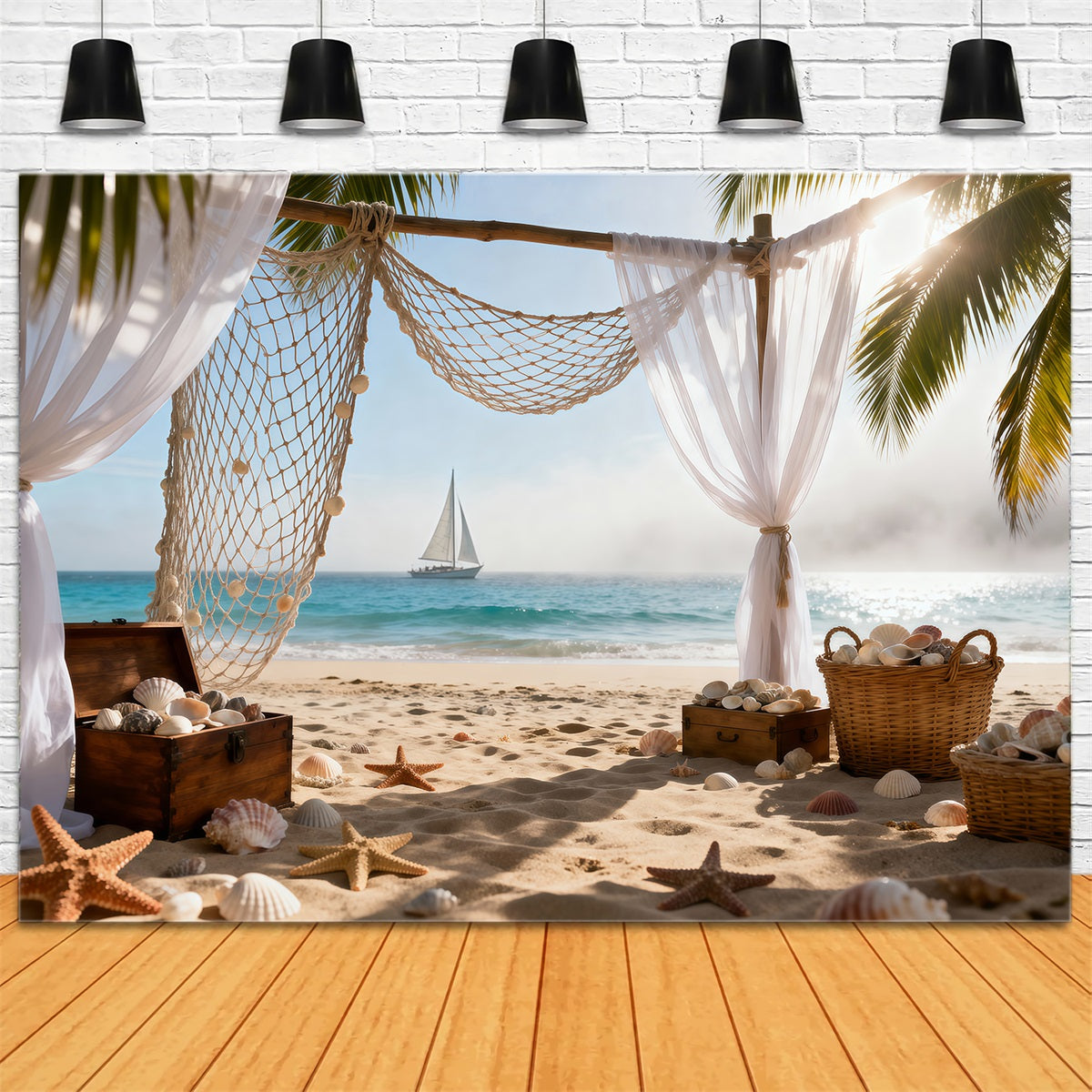 Sandy Beach Backdrop Bohemia Sailboat Vibes Starfish Summer Photo Backdrops UK RR61-32