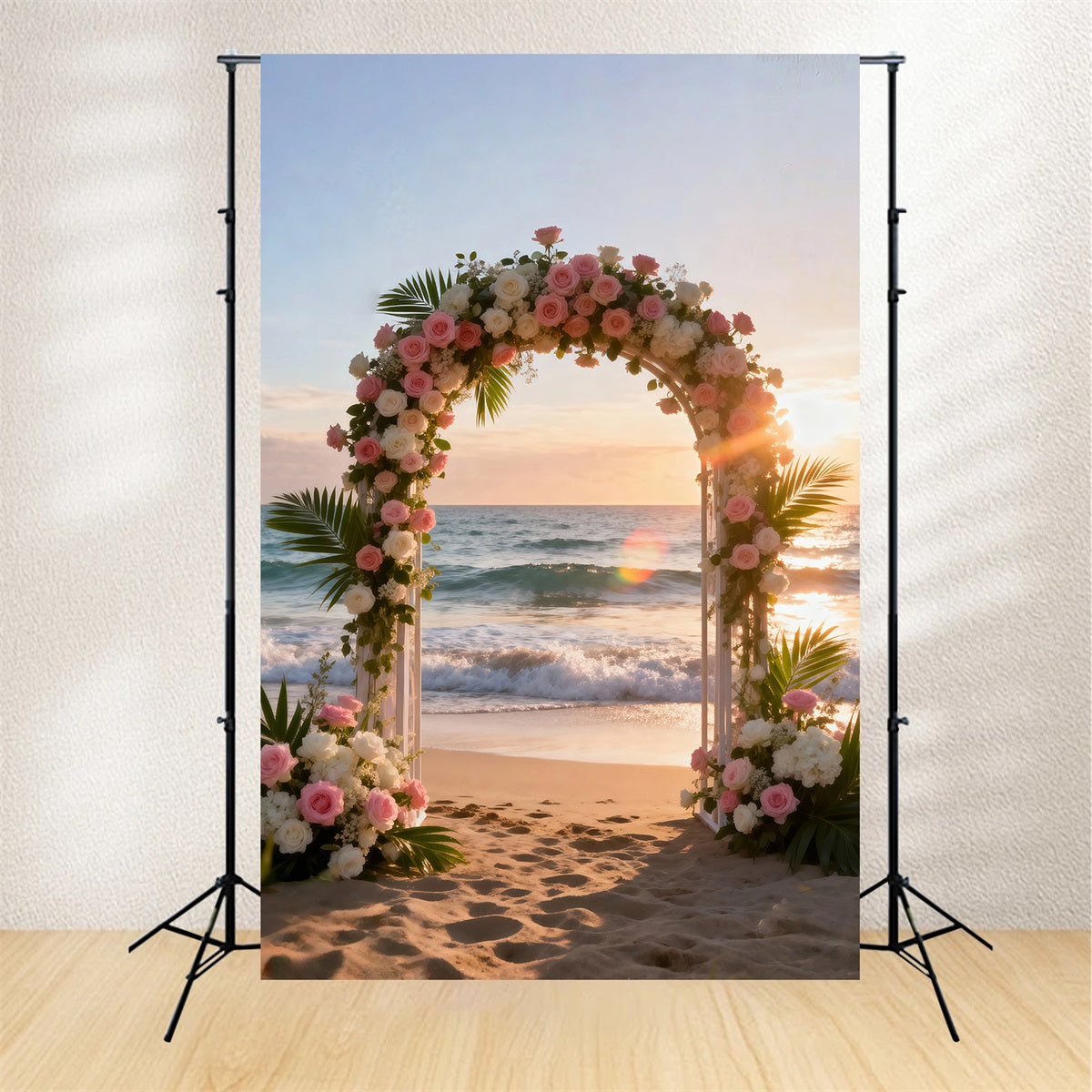 Beach Scene Backdrop Floral Wedding Arch Sunset Summer Photo Booth Backdrop UK RR61-33